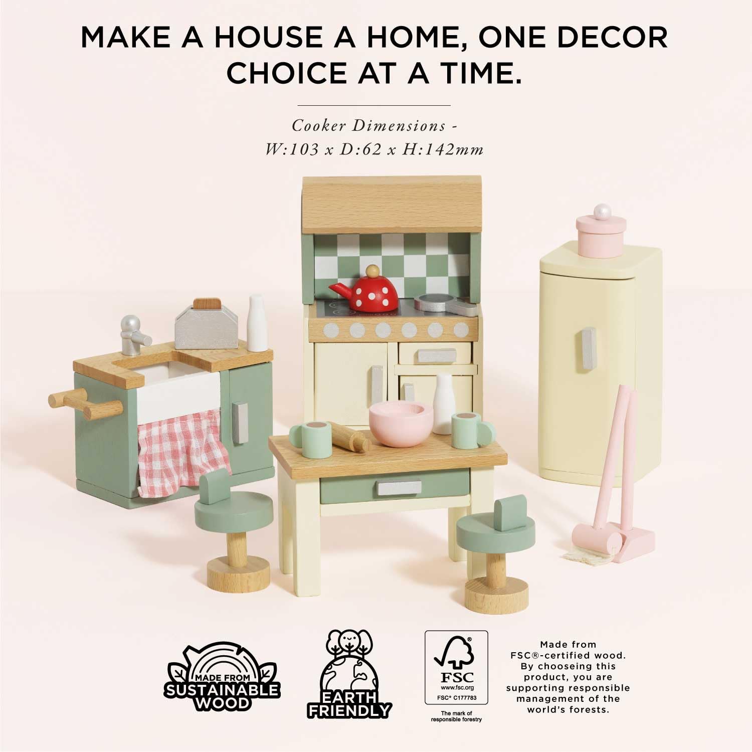 Le Toy Van Daisylane Kitchen Dollhouse Furniture Set - Miniature Wooden Play Kitchen Accessories for Kids (ME059) | Pretend Play, Doll House Decor, Gift for Girls & Boys