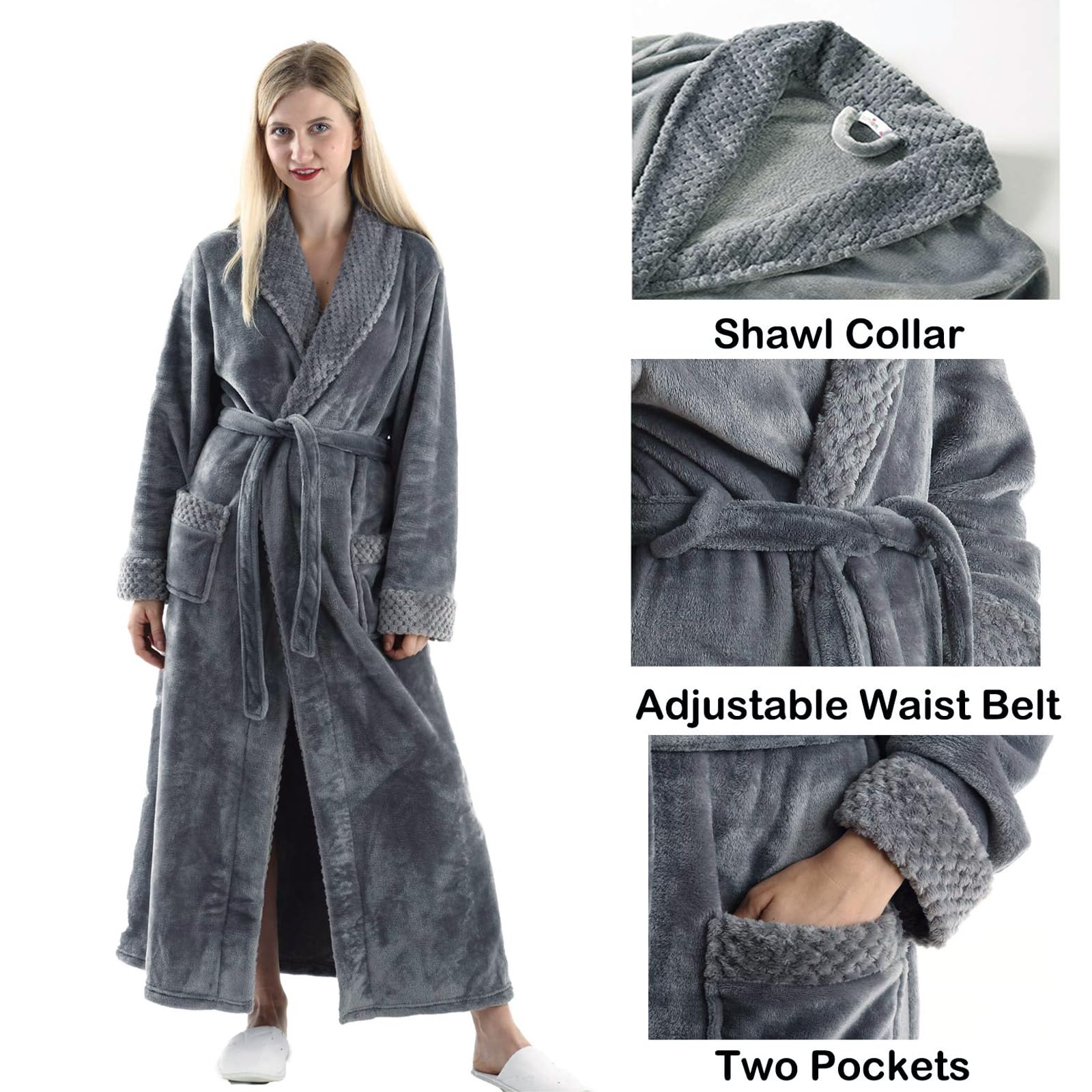 Oksun Women's Plush Fleece Long Robe - Soft Flannel Warm Bathrobe & Winter Housecoat - Cozy Full Length Nightgown Sleepwear for Lounge, Spa, and Cold Weather Comfort