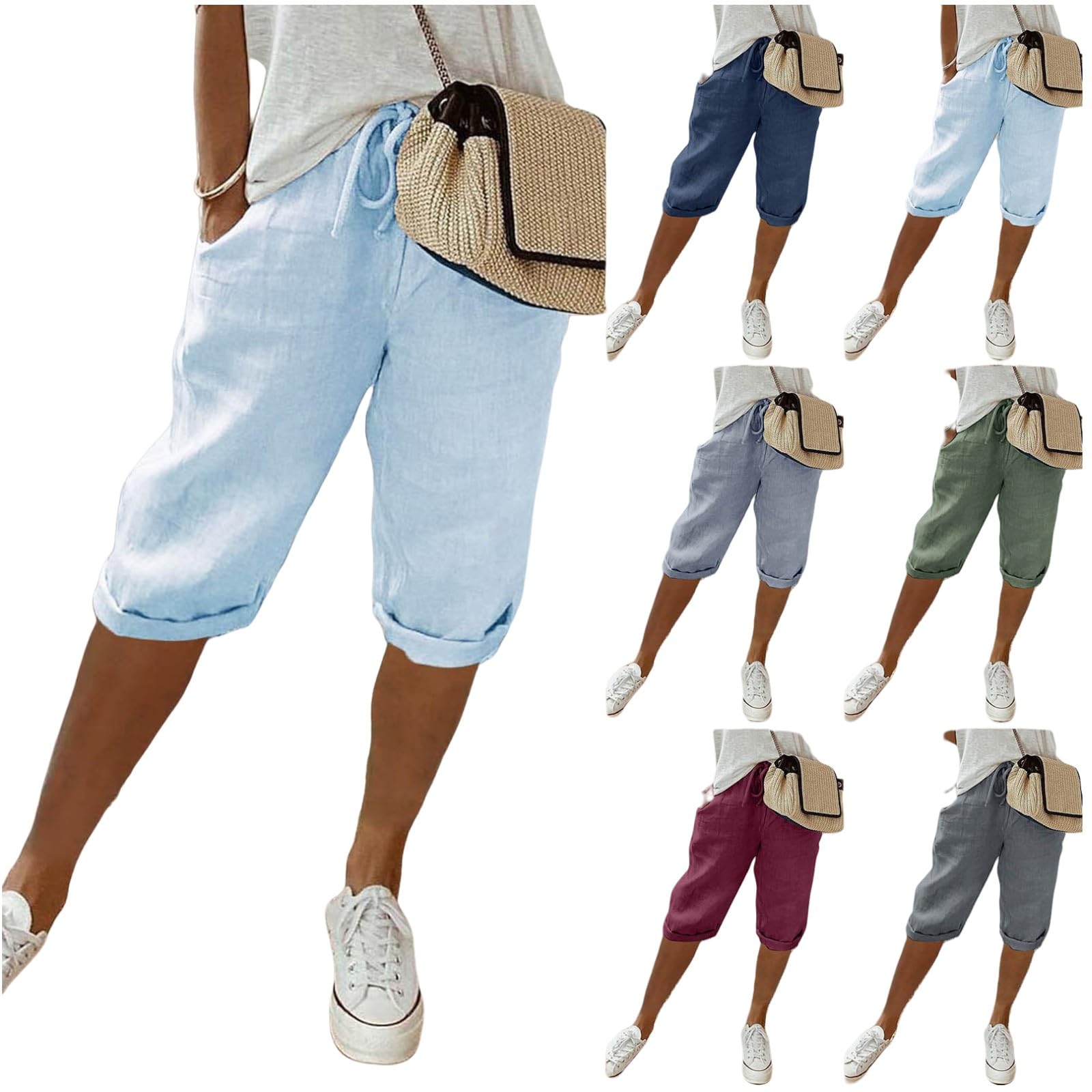 2024 Women's High Waisted Linen Shorts - Summer Casual Bermuda Shorts with Drawstring & Elastic Waist Pockets | Comfortable Breathable Beachwear & Vacation Outfits