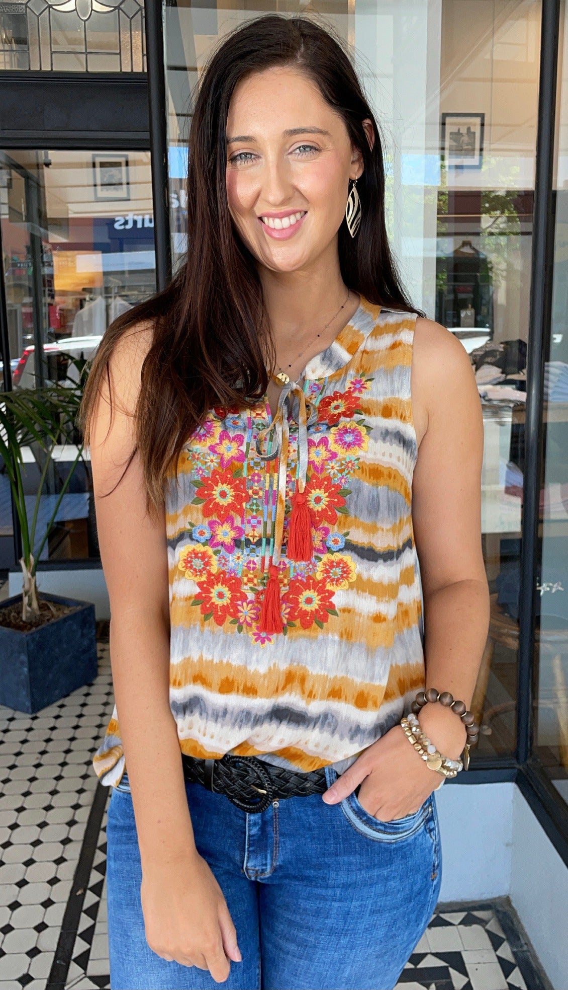 Tie Dye Embroidered Sleeveless Women's Top - Marigold Yellow Boho Summer Blouse for Beach, Festival & Casual Wear