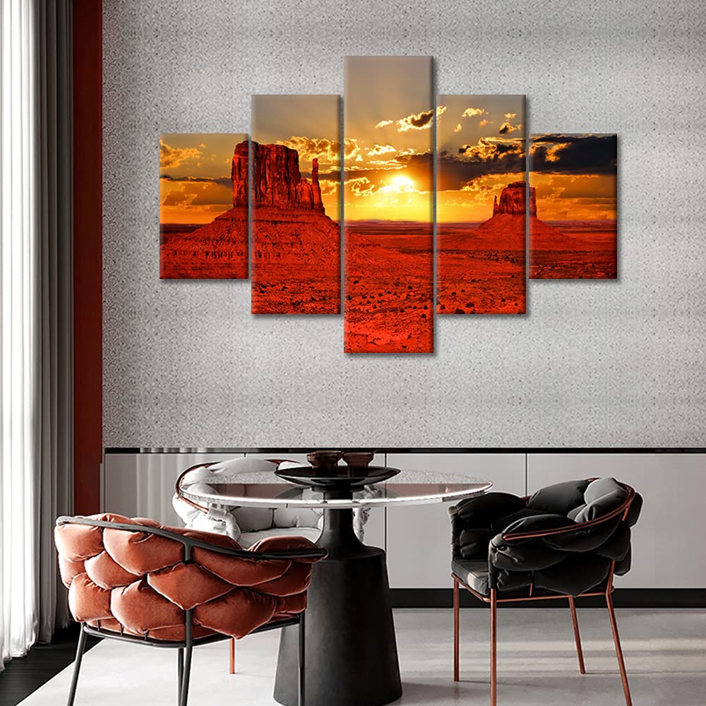 Monument Valley Sunrise Landscape Canvas Wall Art - 5 Piece Framed Ready to Hang Wall Decor for Living Room, Bedroom & Bathroom (60''W x 40''H) - Perfect for Southwestern Home Decor & Desert Themed Interior Design