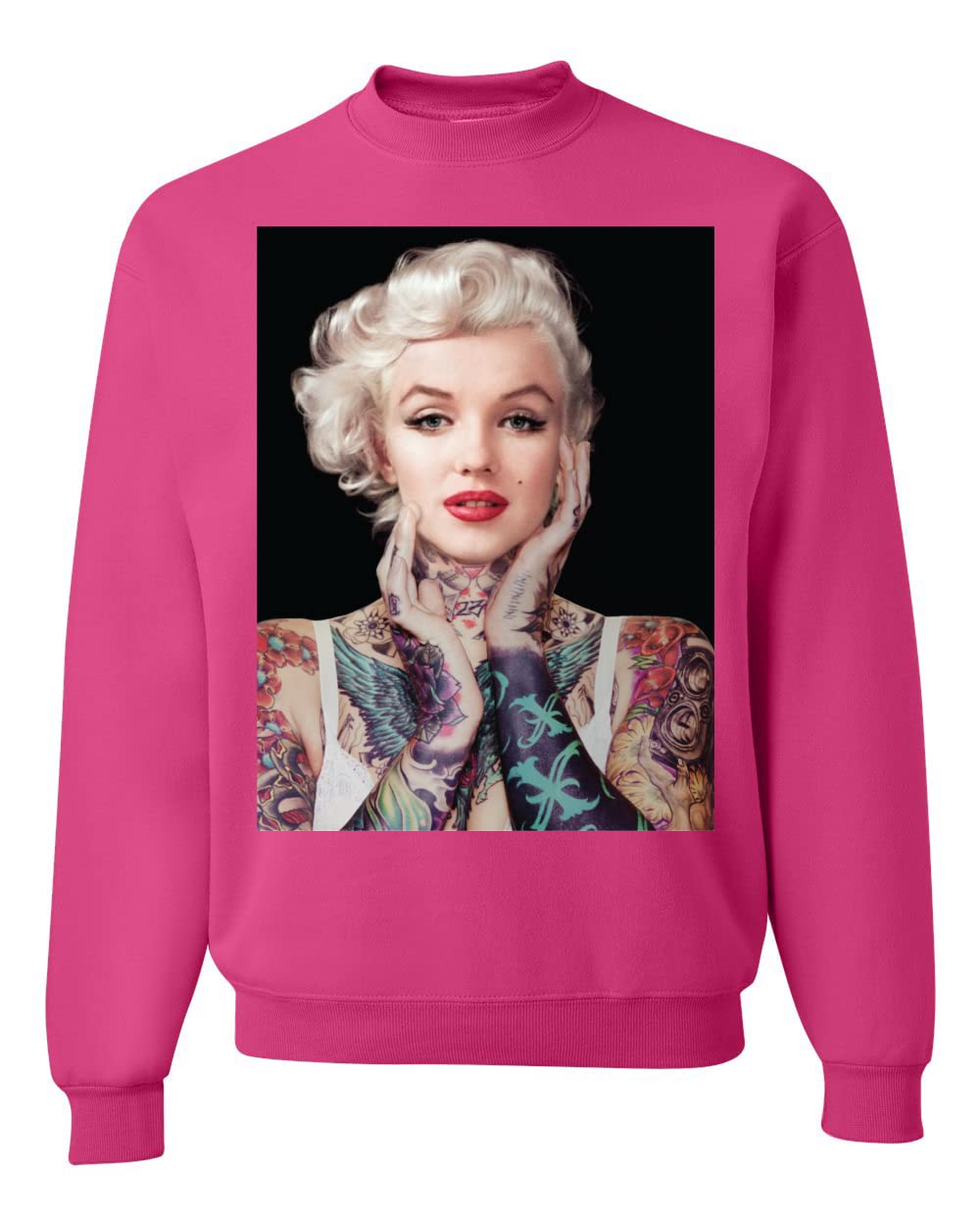 Wild Bobby Marilyn Tattoos Black Pop Culture Graphic Sweatshirt | Unisex Crewneck Pullover | Vintage Inspired Streetwear for Men & Women | Perfect for Casual Outfits, Concerts and Urban Fashion