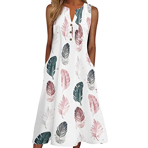 Women's Casual Spring V-Neck Sleeveless Floral Print Button-Down Midi Sundress with Pockets - Loose Fit T-Shirt Dress for Everyday Wear (Pink, Large) | Perfect for Beach Outings, Brunch Dates & Summer Vacations