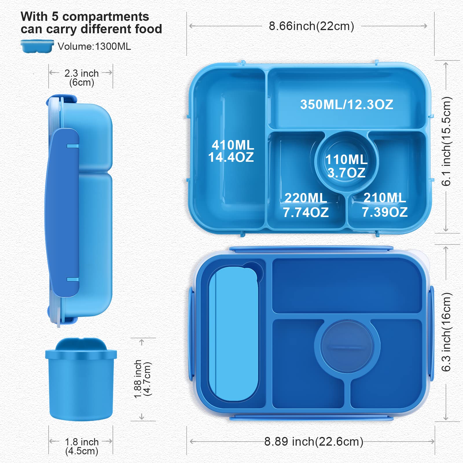 5-Compartment Bento Lunch Box for Adults & Kids - Microwave, Dishwasher & Freezer Safe with Sauce Containers - Perfect for School, Office, Picnics & Travel (Blue)