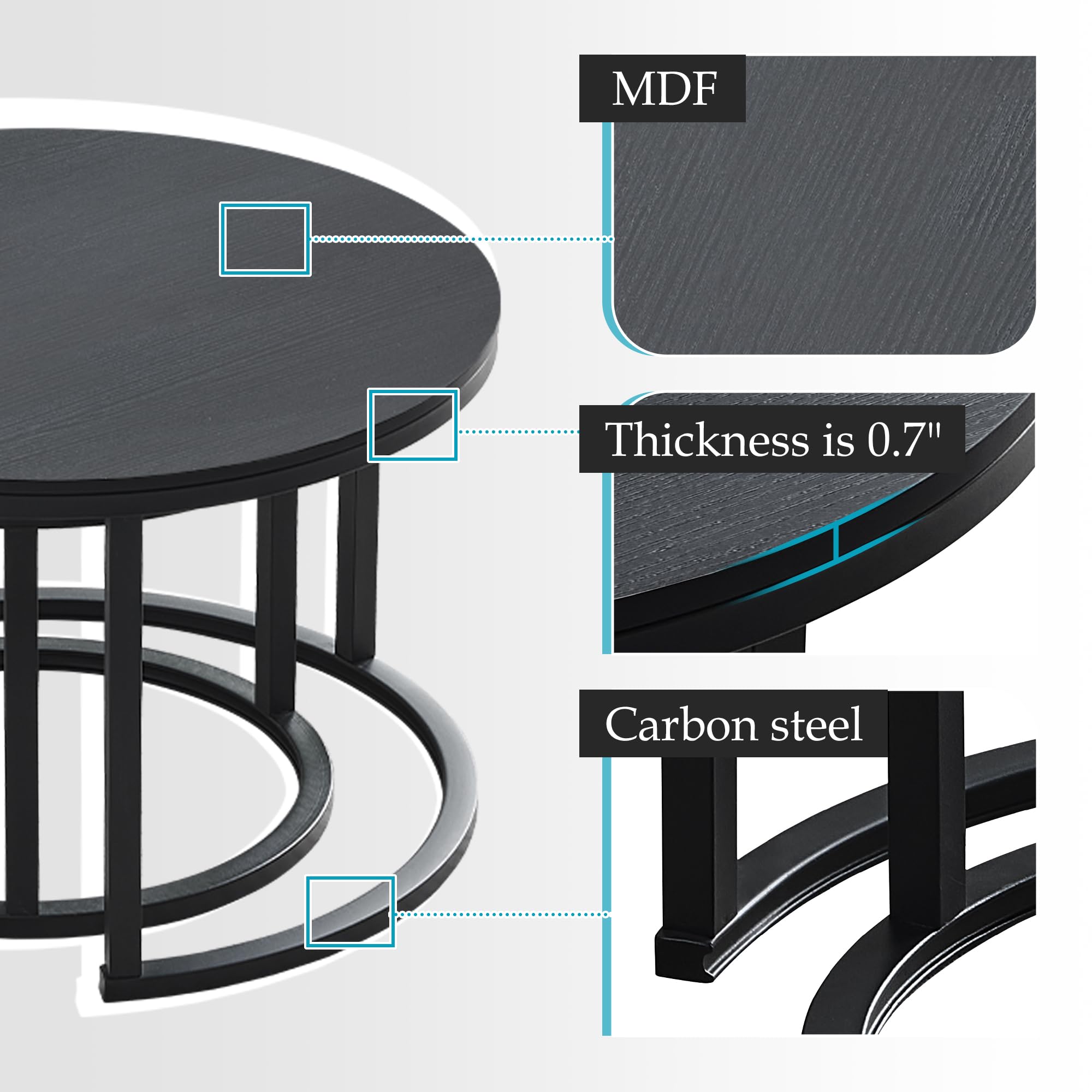 27.5 Inch Round Wood Coffee Tables Set of 2 - Modern Black and White Side Tables with Drawers for Small Spaces, Living Room, Bedroom & Office - Perfect for Coffee, Books & Decor