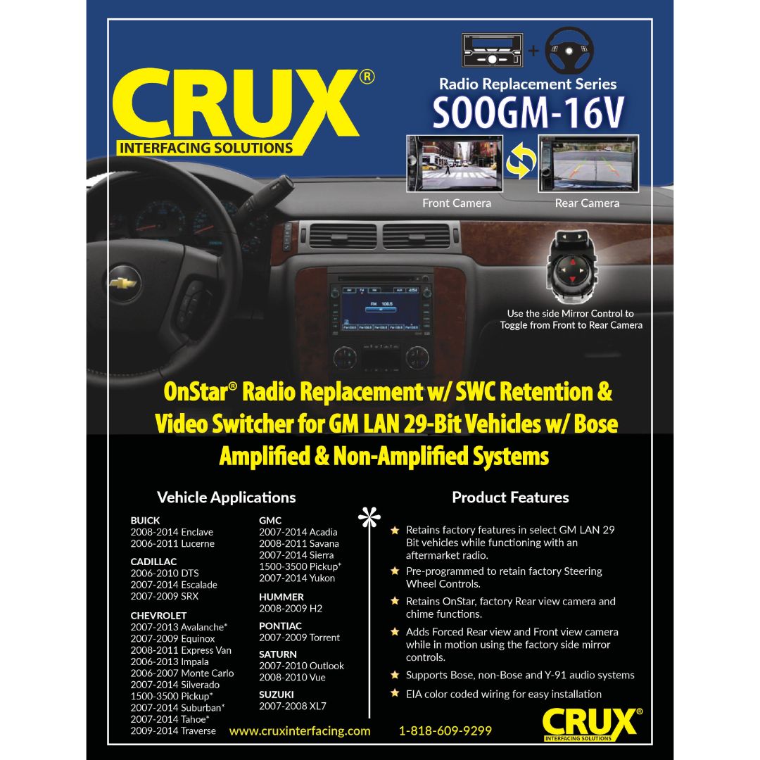 Crux SOOGM 16V OnStar Radio Replacement Interface for GM LAN 29 Bit Vehicles with Steering Wheel Control & Video Switcher - Upgrade Your Car Audio System for Seamless Connectivity & Entertainment