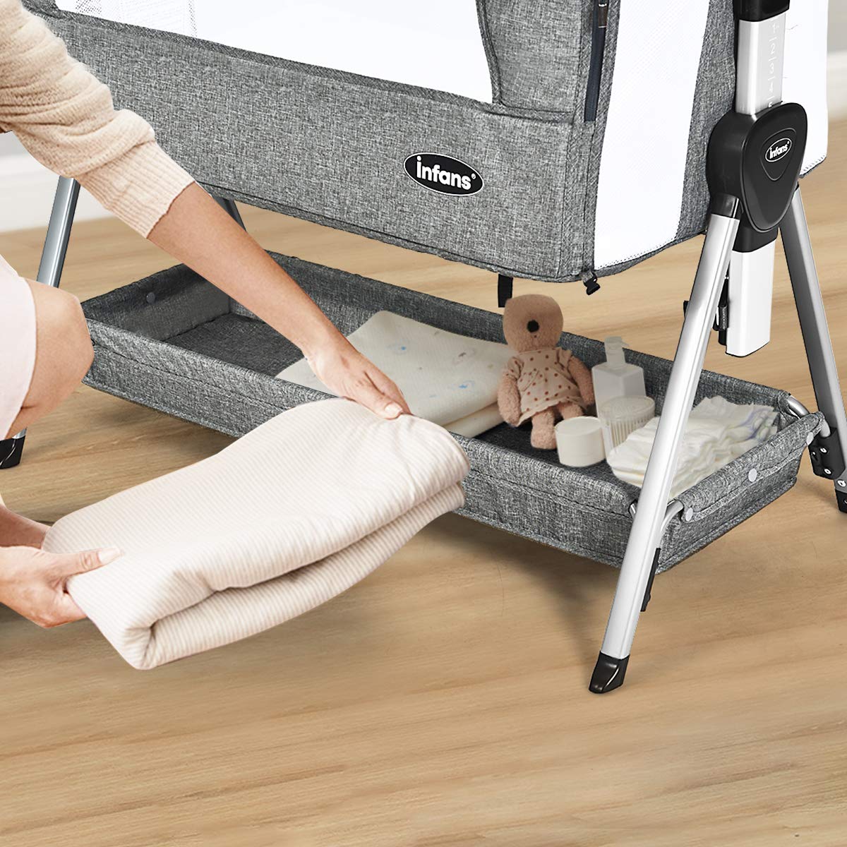 INFANS Baby Bassinet Bedside Crib - Adjustable Newborn Sleeper with Large Storage Basket, Breathable Mesh & Washable Mattress - Portable Bedside Crib for Nursery, Bedroom & Travel (Dark Grey)