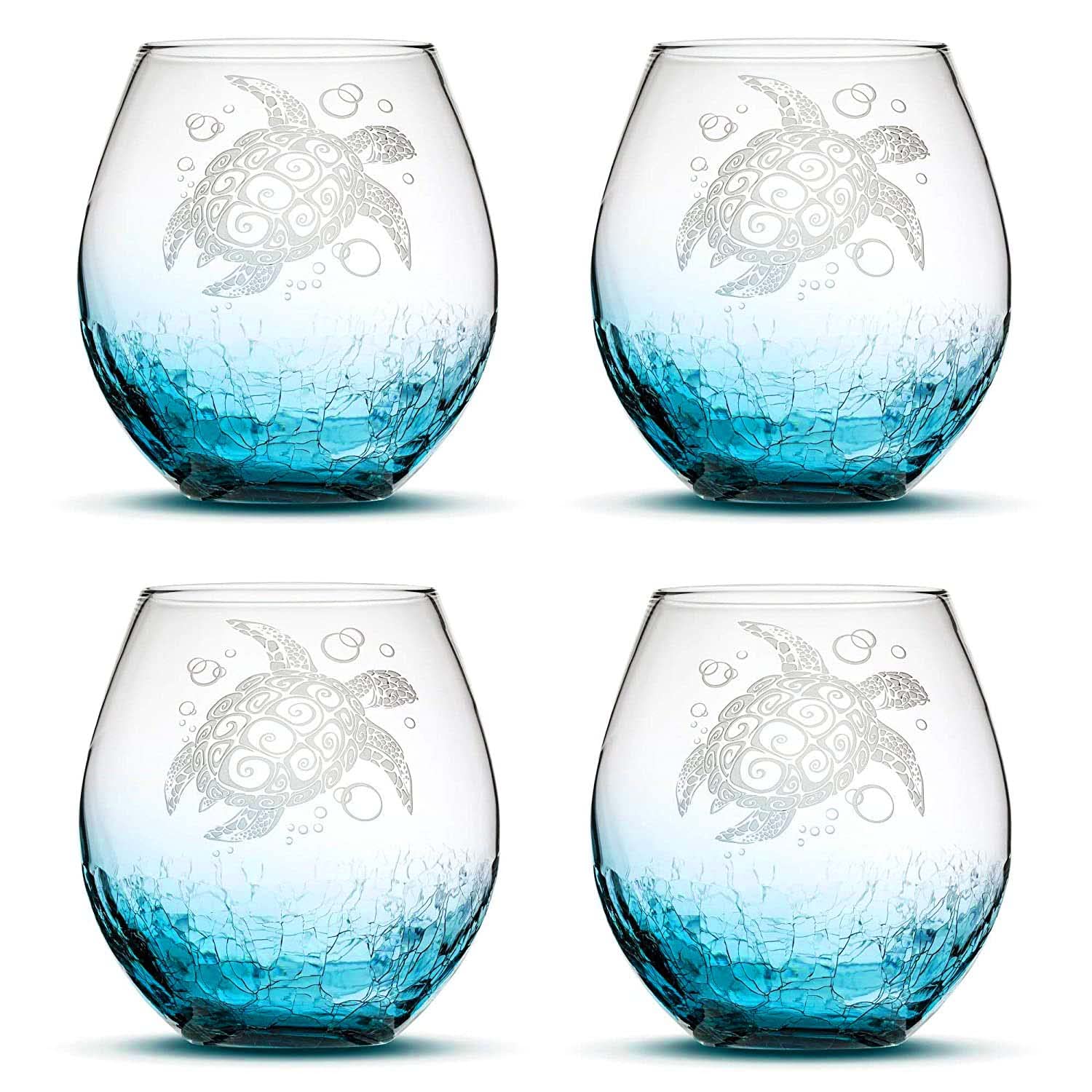 Handmade Tribal Sea Turtle Stemless Wine Glasses - Set of 4 Sand Carved 18oz Crackle Turquoise Glasses, Handblown & Hand Etched Glassware for Wine Lovers - Perfect for Beach Parties, Tropical Themed Events & Unique Housewarming Gifts