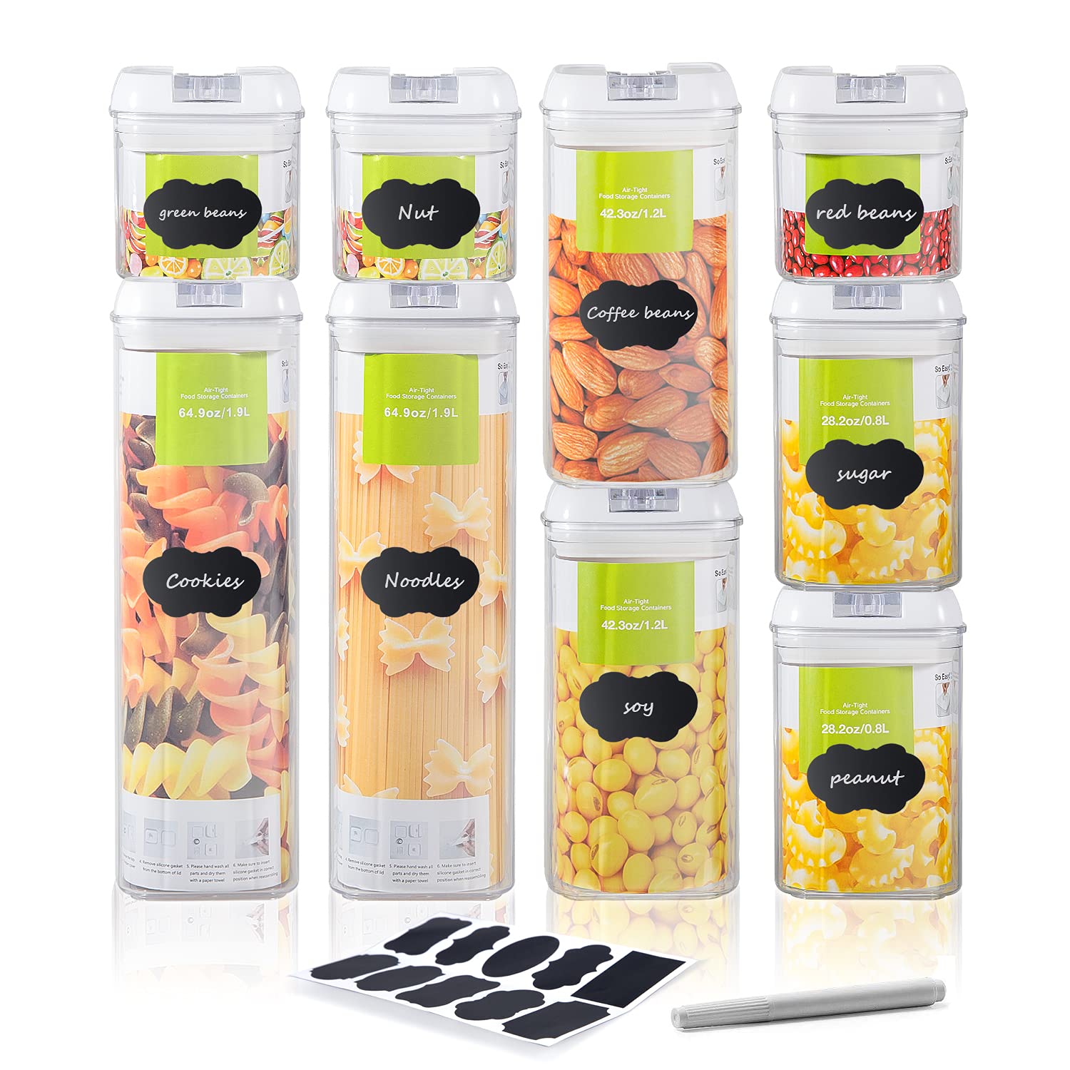 CNCEST 9-Piece Airtight Food Storage Container Set - BPA-Free Plastic Kitchen Organizers with Easy Lock Lids for Cereal, Flour, Sugar & Dry Goods - Perfect for Pantry, Countertop & Meal Prep Organization (White, 9PC)