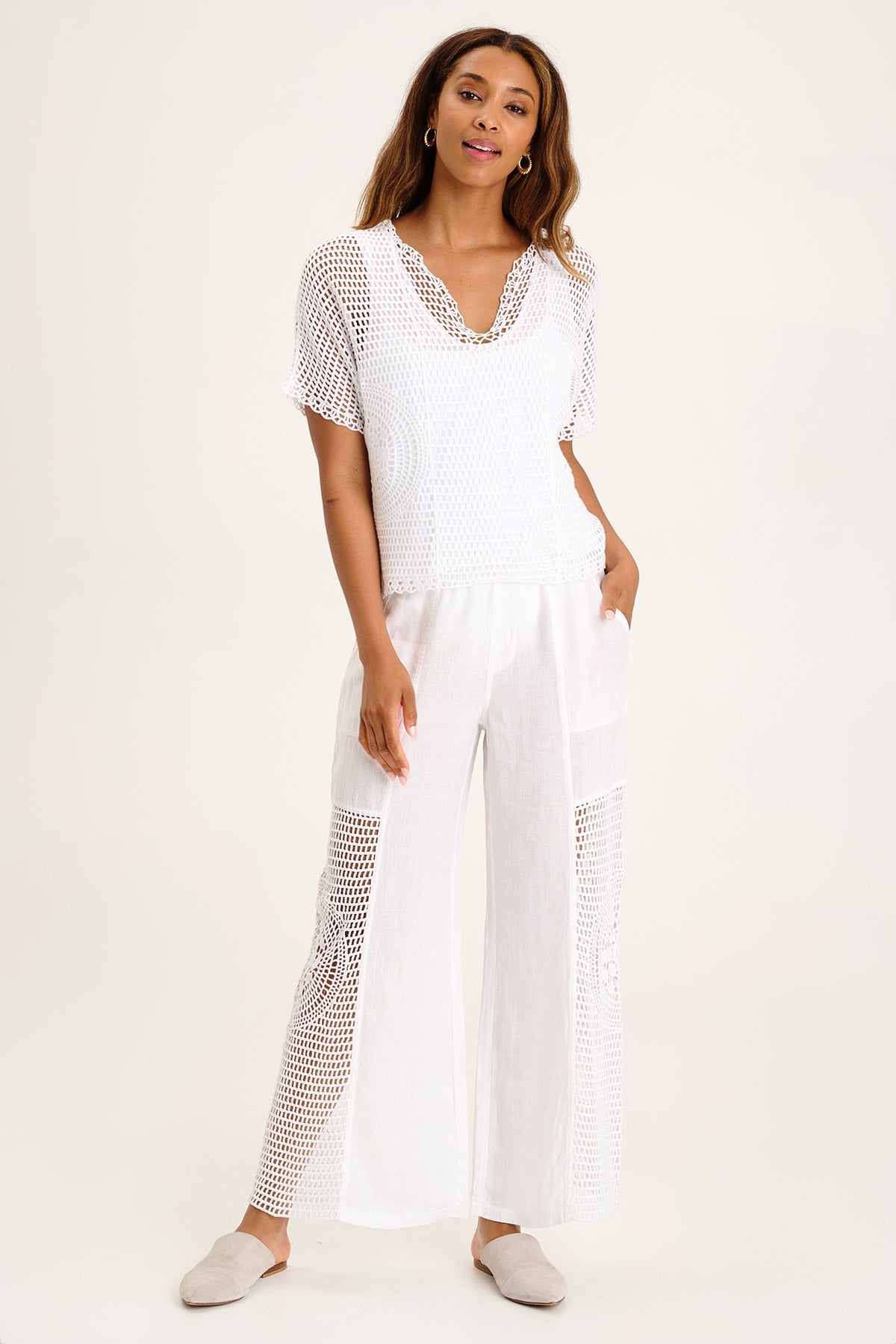 Trendy Linen Crochet Wide Leg Pants for Women - Boho Chic Summer Beach Pants - Perfect for Vacation, Yoga & Casual Outfits