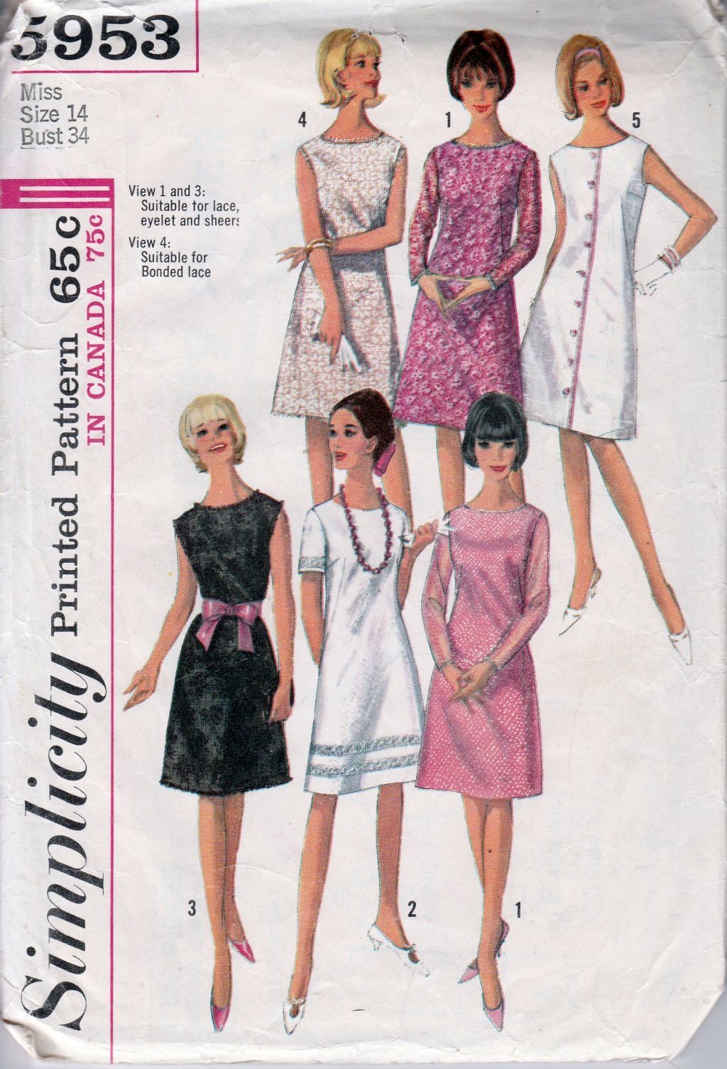 Vintage 1960's Simplicity 5953 Ladies A-Line One Piece Dress Sewing Pattern - Retro Fashion DIY Costume for Parties & Cosplay