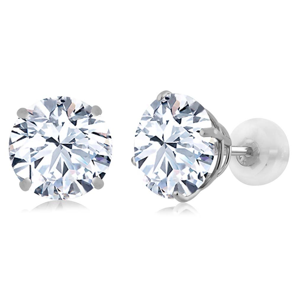 Gem Stone King Solid 14K White Gold 8MM Round Gemstone Birthstone Stud Earrings for Women & Men | Hypoallergenic Comfort Back | Perfect Gift for Anniversary, Birthday & Mother's Day