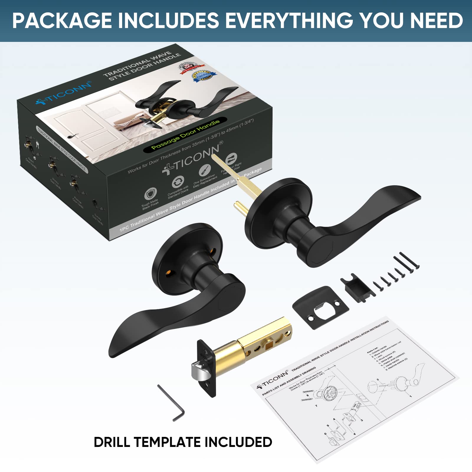 TICONN Reversible Door Lever - Matte Black for Interior & Closet Doors | Home & Office Use