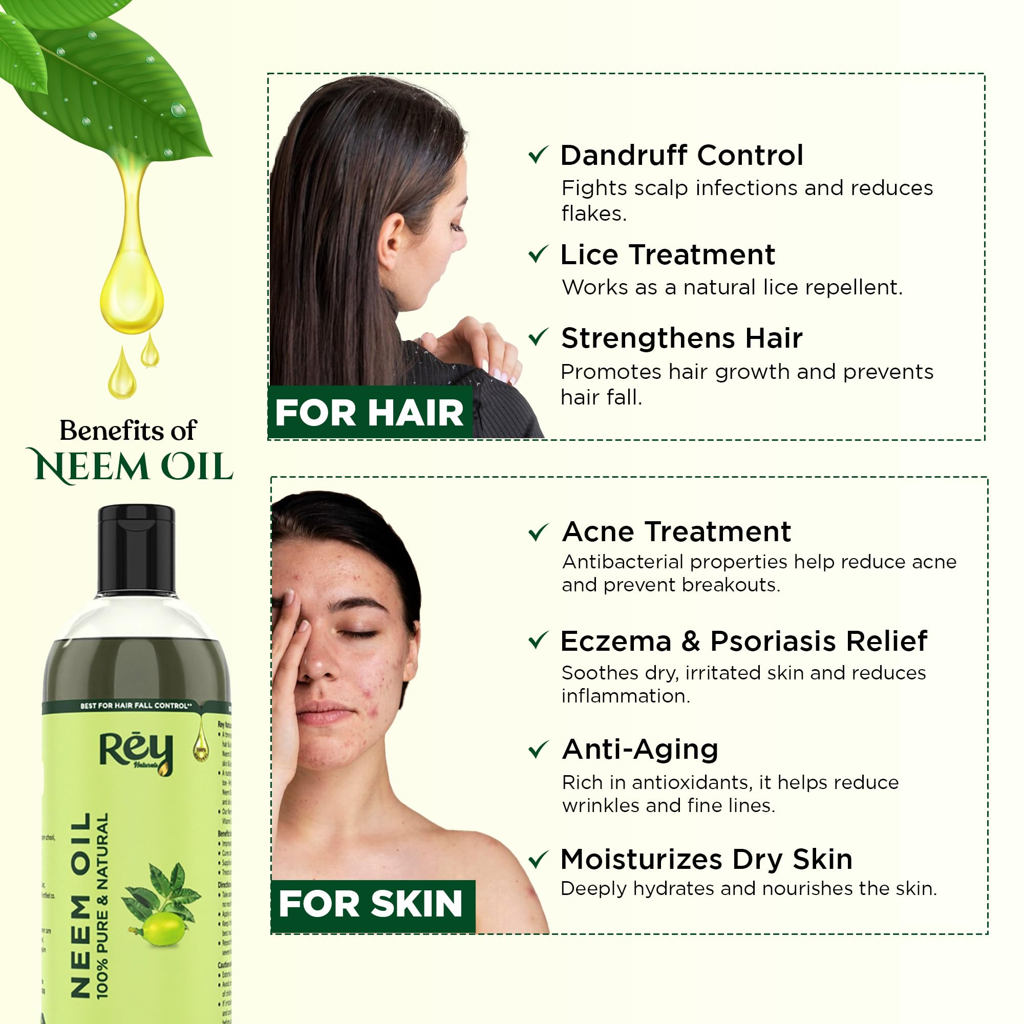 Rey Naturals Cold Pressed Neem Oil 200ml - Pure Organic Neem Oil for Skin Care, Hair Growth & Scalp Treatment | Helps with Dandruff, Lice Removal & Acne | Ideal for Body Massage, Hair Care Routine & Natural Beauty Regimen