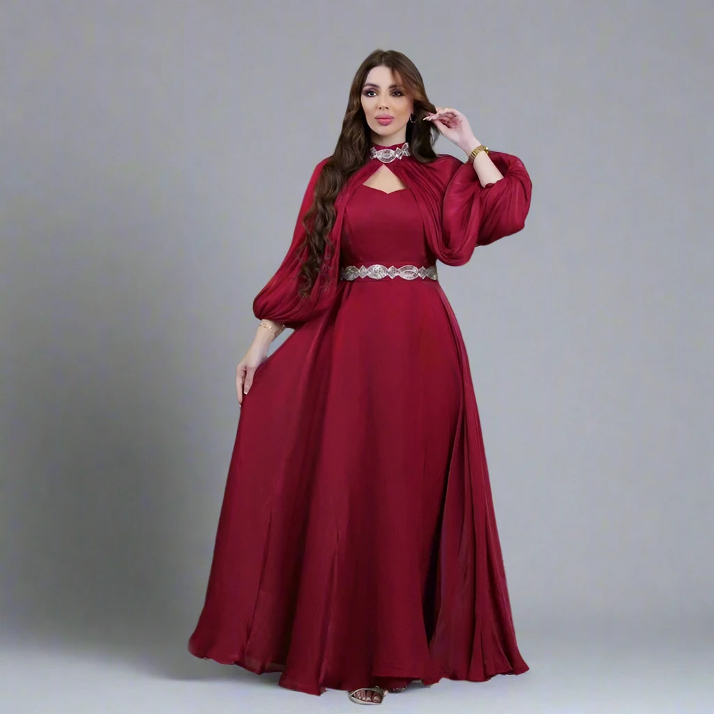 2 Pieces Hotfix Rhinestone Satin Abaya Dress with Inner Sleeveless Slip Dress - Elegant Islamic Women's Prayer Dress for Eid, Wedding & Special Occasions