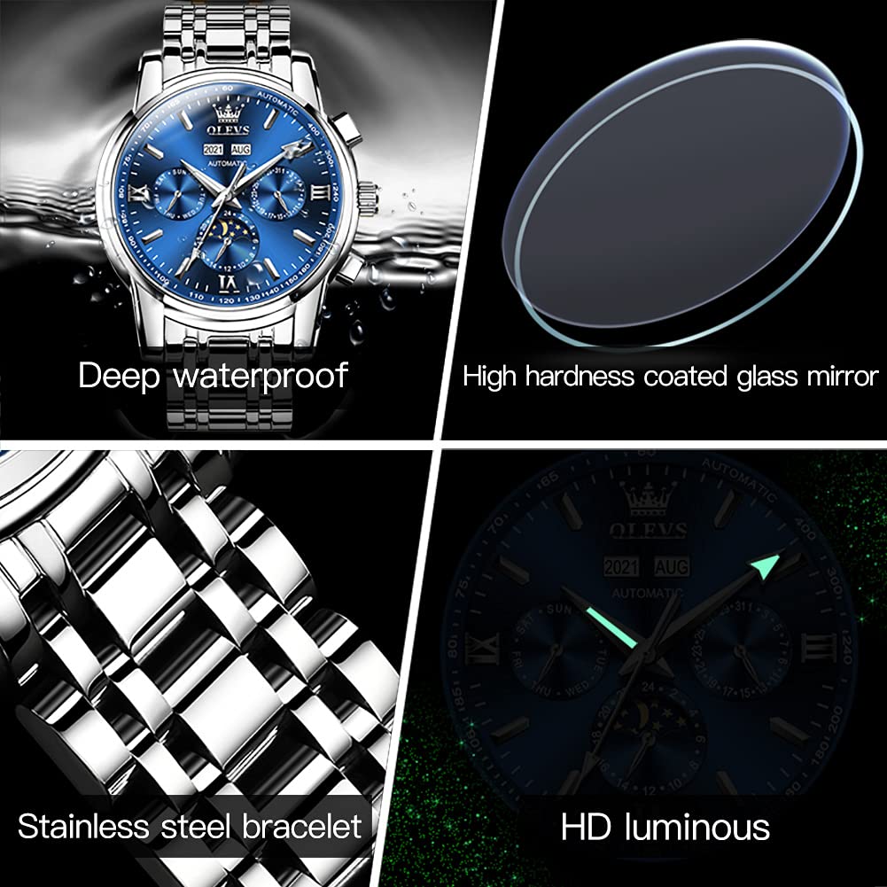 OLEVS Men's Automatic Mechanical Tourbillon Watch - Self Winding Luxury Stainless Steel Waterproof Wristwatch with Luminous Hands & Date Display | Perfect for Business, Formal Events & Everyday Wear