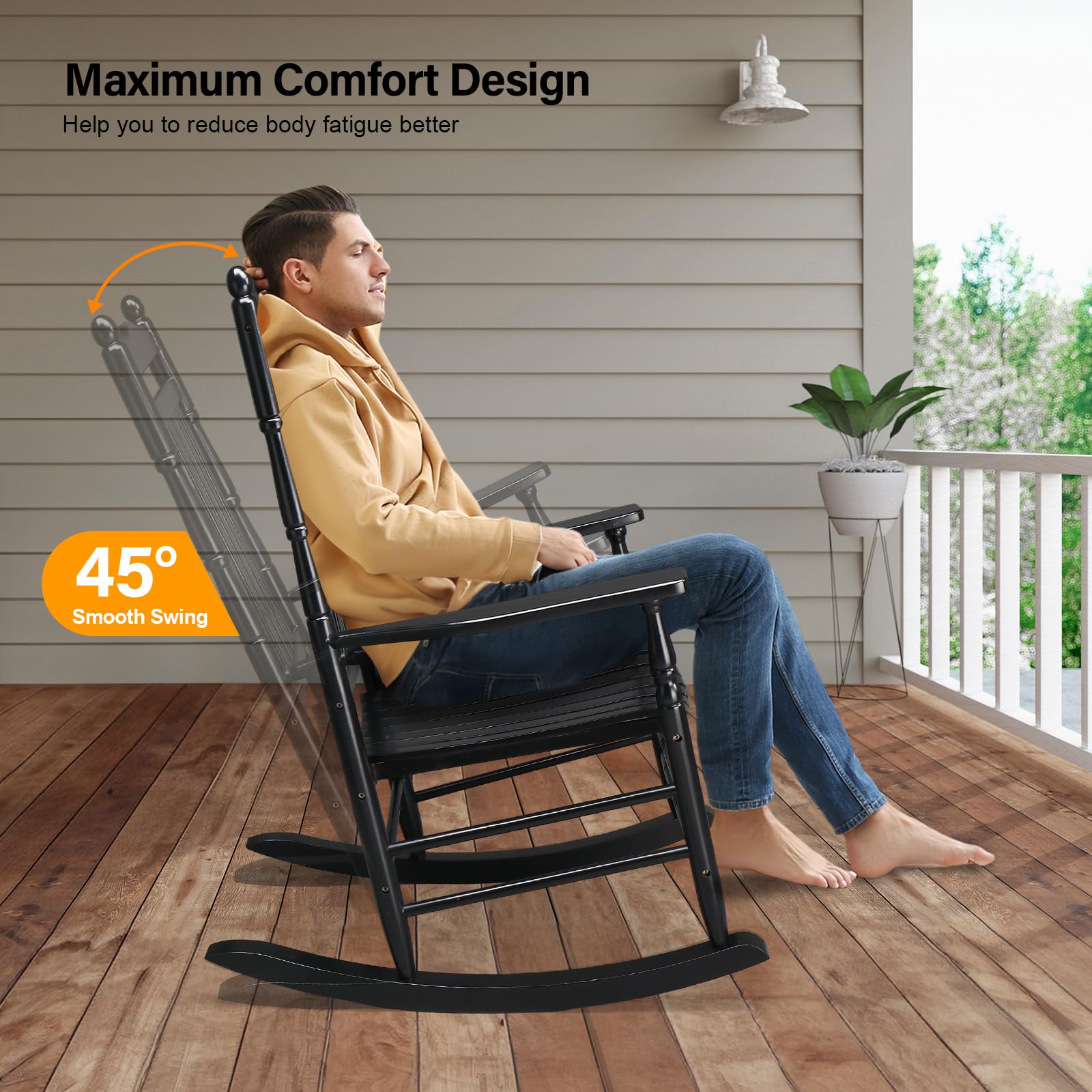 VINGLI Solid Wood Rocking Chair for Outdoor & Indoor Use - 450 lbs Weight Capacity, High Back Reclining Seat, Relaxing Rocker for Deck, Garden, Backyard, Porch - Perfect for Lounging, Reading & Relaxation (Black)