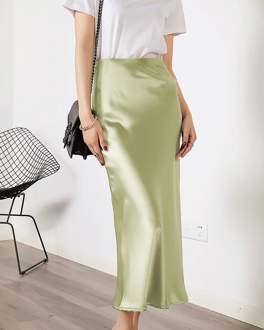 Elegant Silk Midi Skirts for Women - Stretchy Elastic Waistband, Flowy A-Line Design - Perfect for Office Wear, Date Nights & Special Occasions