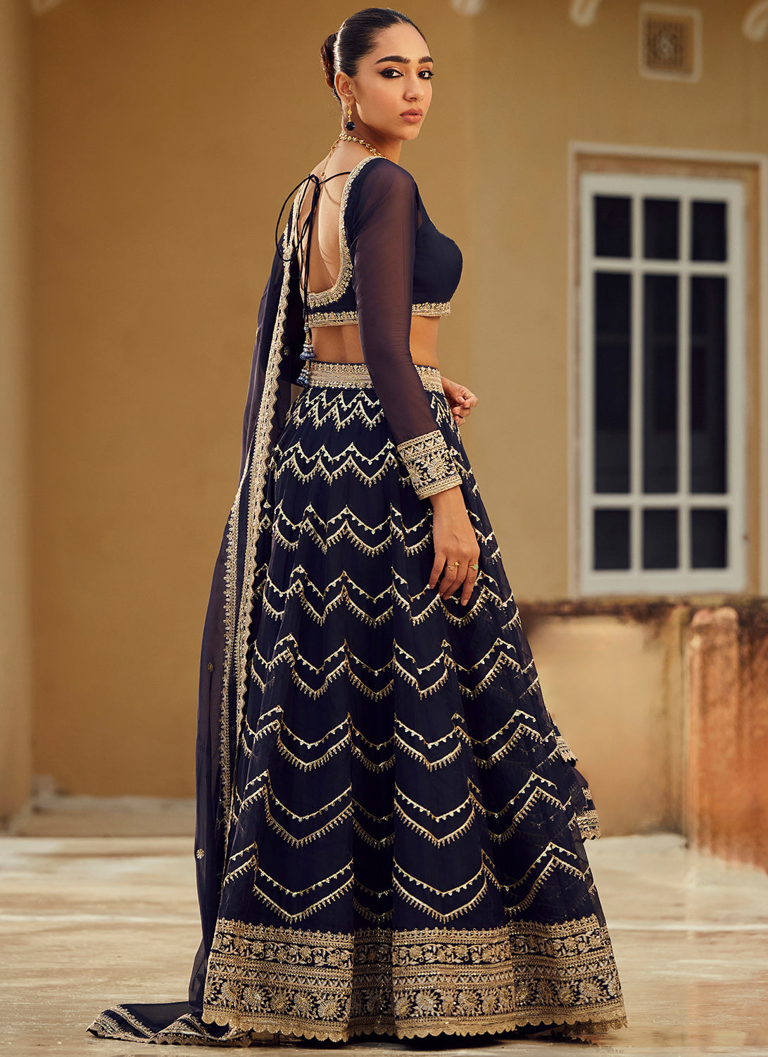 Elegant Navy Blue Embroidered Organza Lehenga Choli Set for Women | Indian Wedding Party Dress | Perfect for Bridal, Sangeet & Festive Occasions