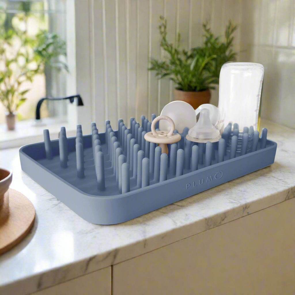 PLUM Silicone Drying Rack - Foldable Dish Drying Rack for Kitchen Counter, Space Saving Steel Blue Dish Drainer - Perfect for Small Kitchens, Apartments & RVs
