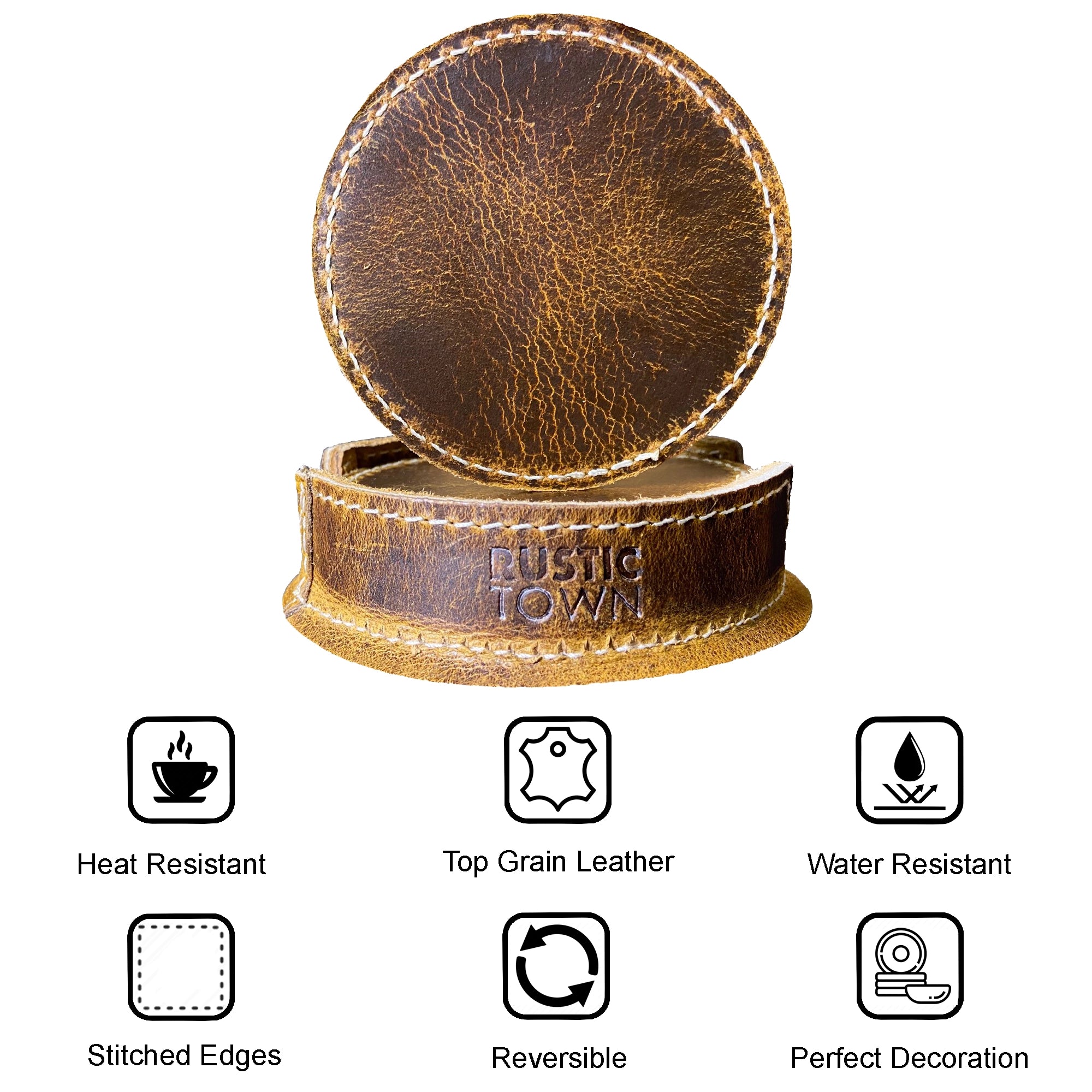 Premium Leather Drink Coasters Set - Handmade Absorbent Coasters for Coffee, Tea & Beverages - Perfect for Home, Office, Bar & Kitchen Decor - Unique Housewarming Gift Idea