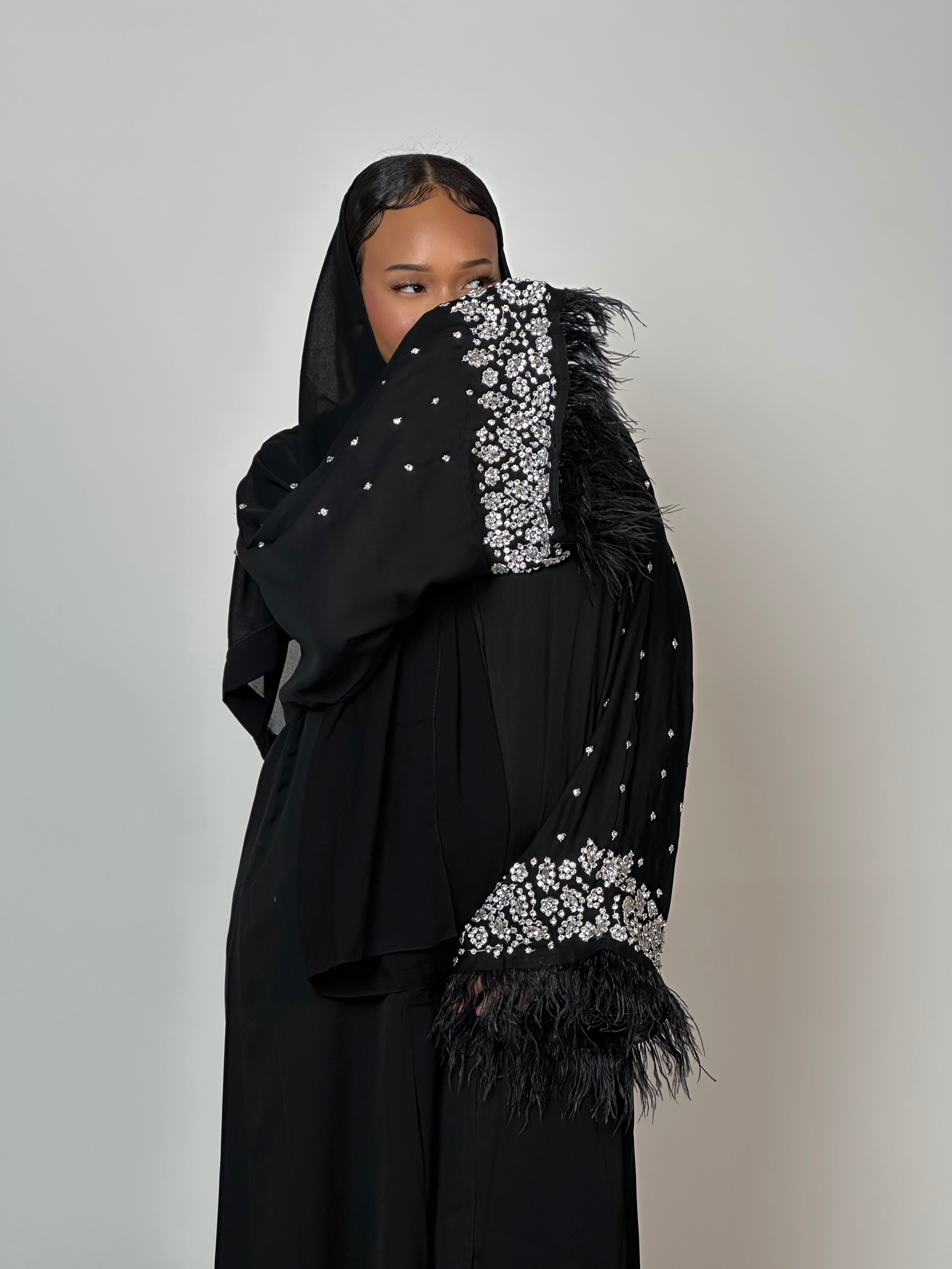 Elegant Diamond Embellished Feathered Abaya Dress for Women - Perfect for Weddings, Parties & Special Occasions