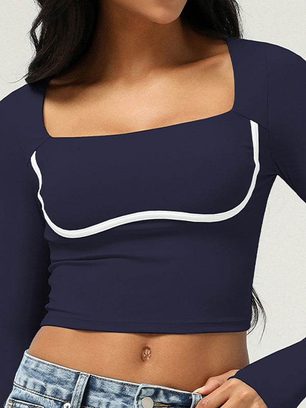 ZASUWA Women's Square Neck Long Sleeve Top with Chest Pads & Thumbholes - Perfect for Yoga, Workout, and Casual Wear