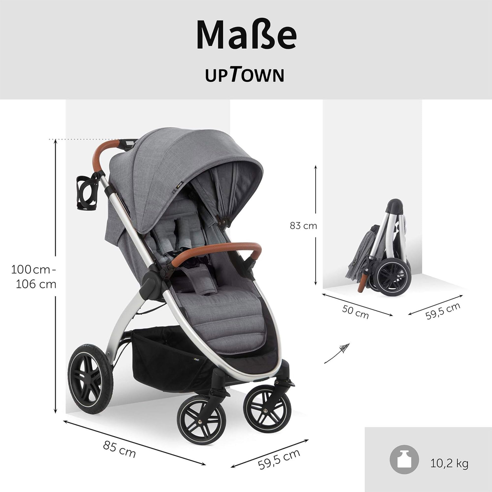 Hauck Uptown Deluxe Stroller - One-Hand Compact Fold, Fully Reclining Seat, Adjustable Handle Height, Cup Holder, 55 lbs Weight Limit - Melange Grey | Perfect for City Walks, Shopping & Travel with Baby