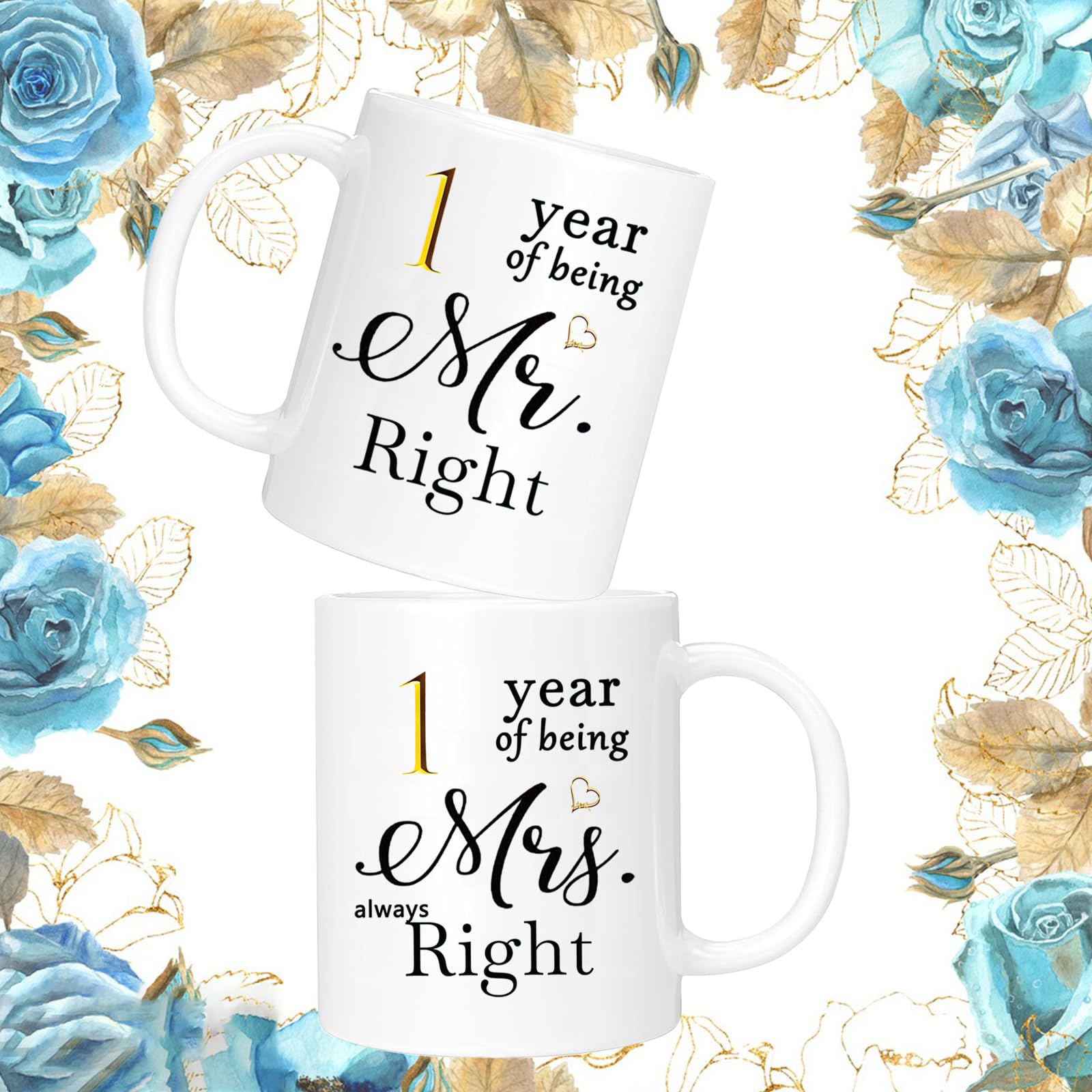 1st Anniversary Coffee Mugs Set of 2 - Romantic 11oz Ceramic Cups for Couples, Wife, Husband, Parents & Grandparents - Perfect 1 Year Wedding & Engagement Gift for Coffee Lovers (Ideal for Anniversaries, Valentine's Day & Romantic Breakfast in Bed)