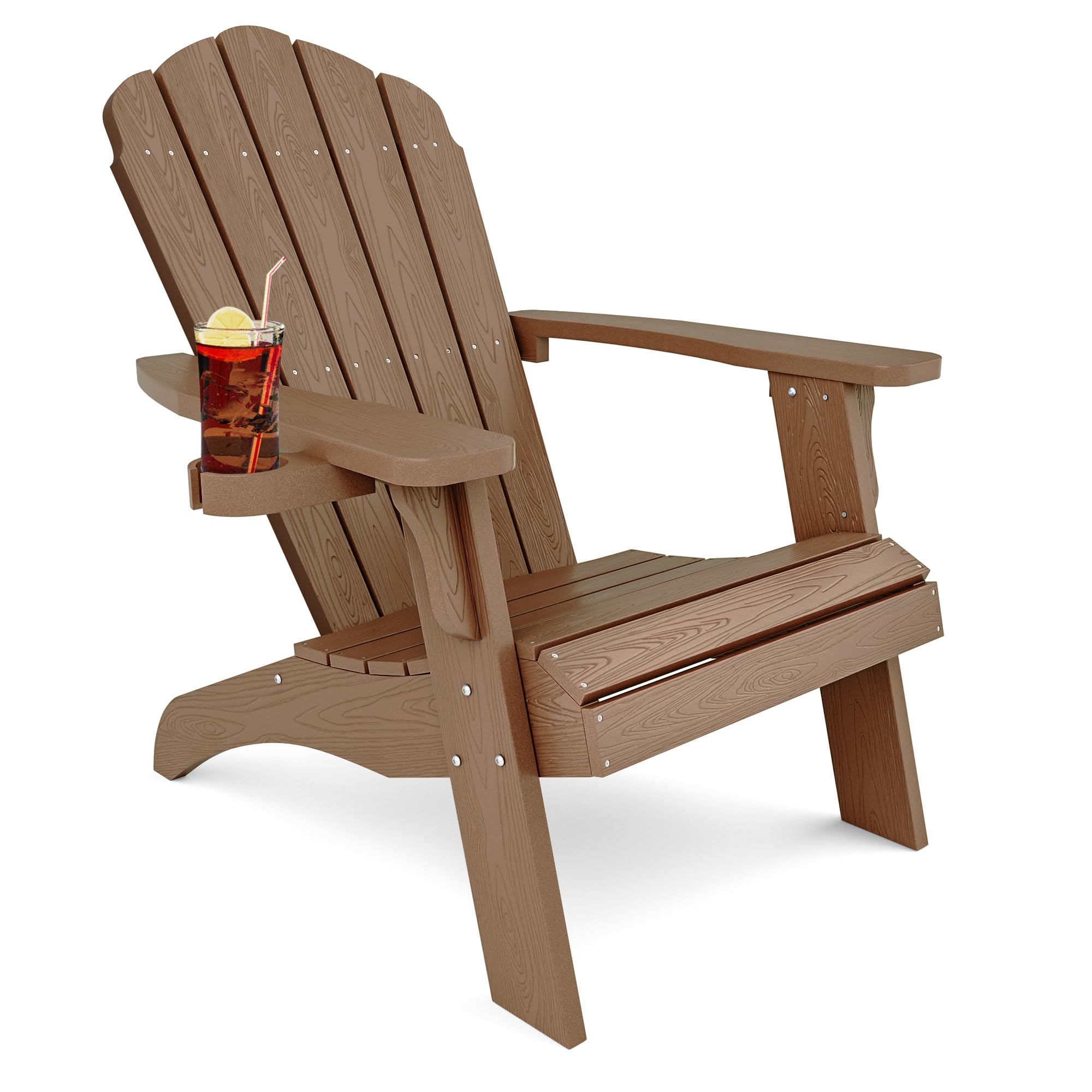 YEFU Oversized Plastic Adirondack Chair with Cup Holder - Heavy Duty Weather Resistant Poly Lumber Outdoor Furniture for Patio, Lawn, Deck, Garden - Perfect for Relaxing, Sunbathing and Outdoor Entertaining (Teak Color)