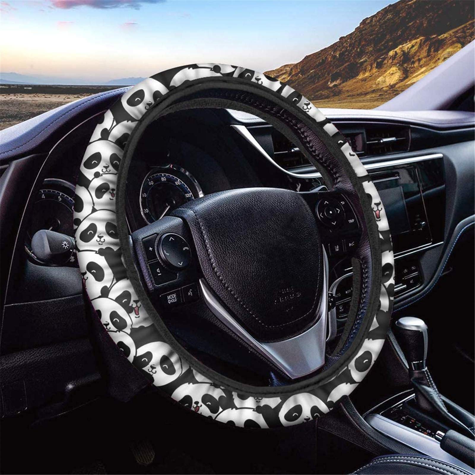 FKELYI Cartoon Panda Puzzle Universal Fit Car Neoprene Steering Wheel Cover 14-15 Inch Anti-Slip Wheel Protector for SUV Sedan Vans Trucks - Cute & Comfortable Driving Accessory for Daily Commute & Road Trips