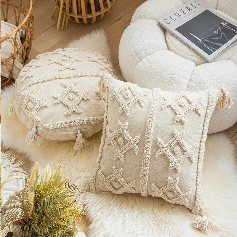 Bohemian Beige Tufted Cushion Cover - Soft Decorative Pillow Case for Sofa, Bed, Chair - Home Decor & Living Room Accessories