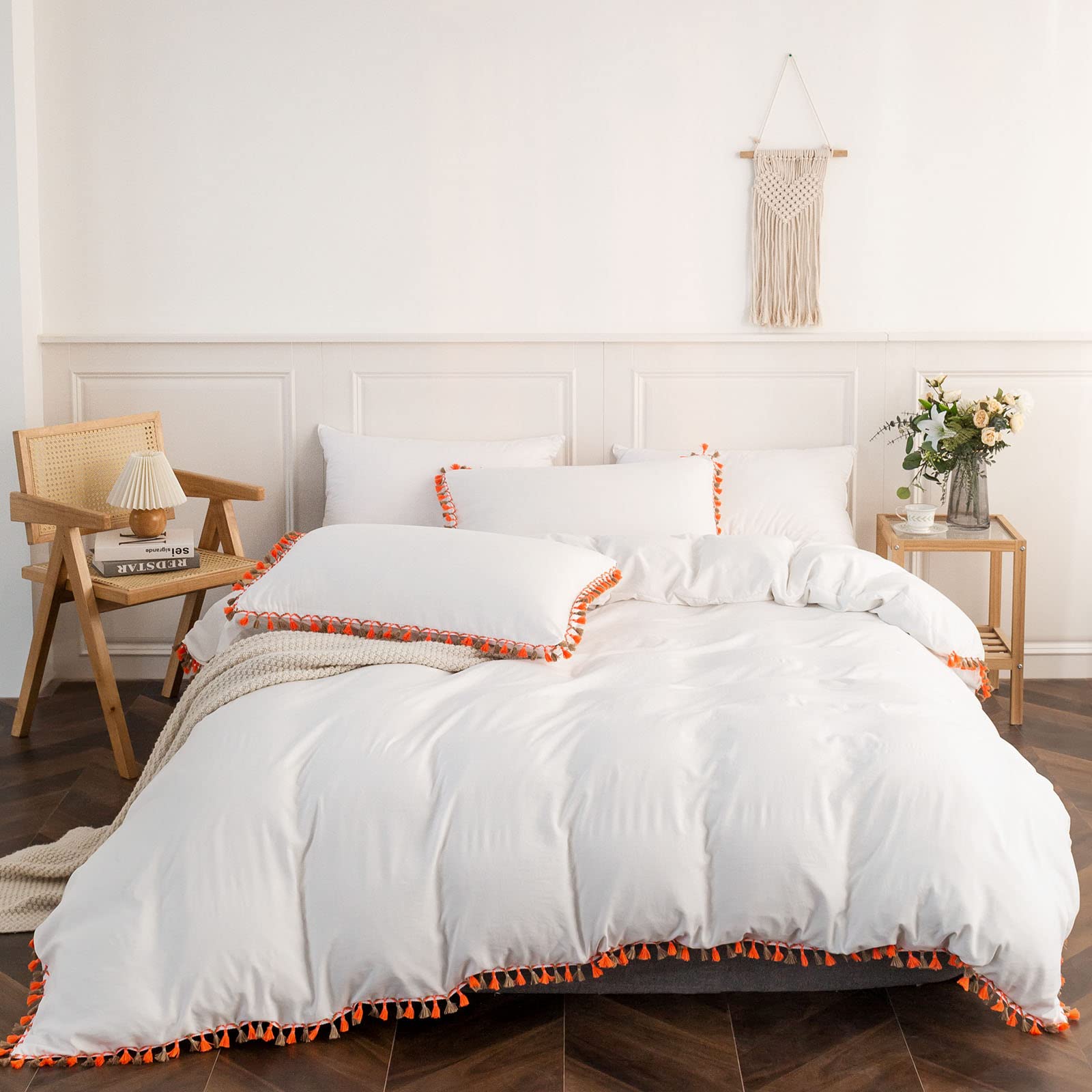 Boho Duvet Cover Set King Size - White Farmhouse Bedding with Tassels for Cozy Bedroom Decor