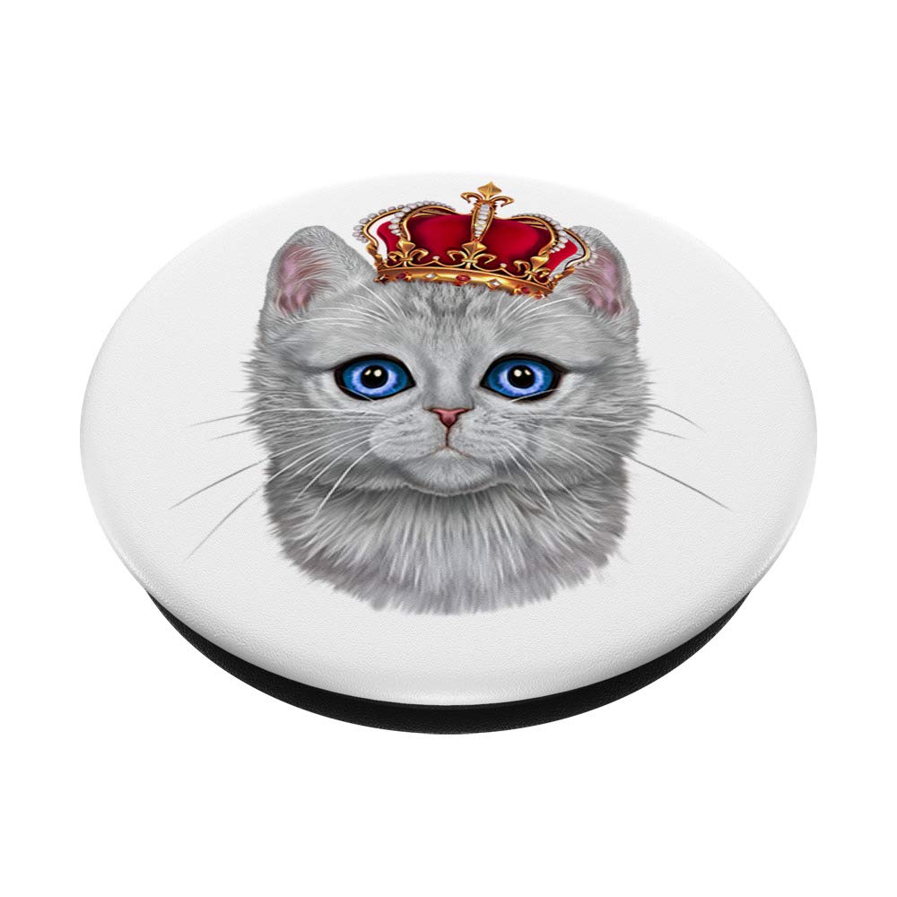 White Tabby Cat King with Imperial Crown PopSockets PopGrip - Swappable Phone & Tablet Grip for iPhone, Samsung, iPad | Perfect for Work, Travel & Daily Use