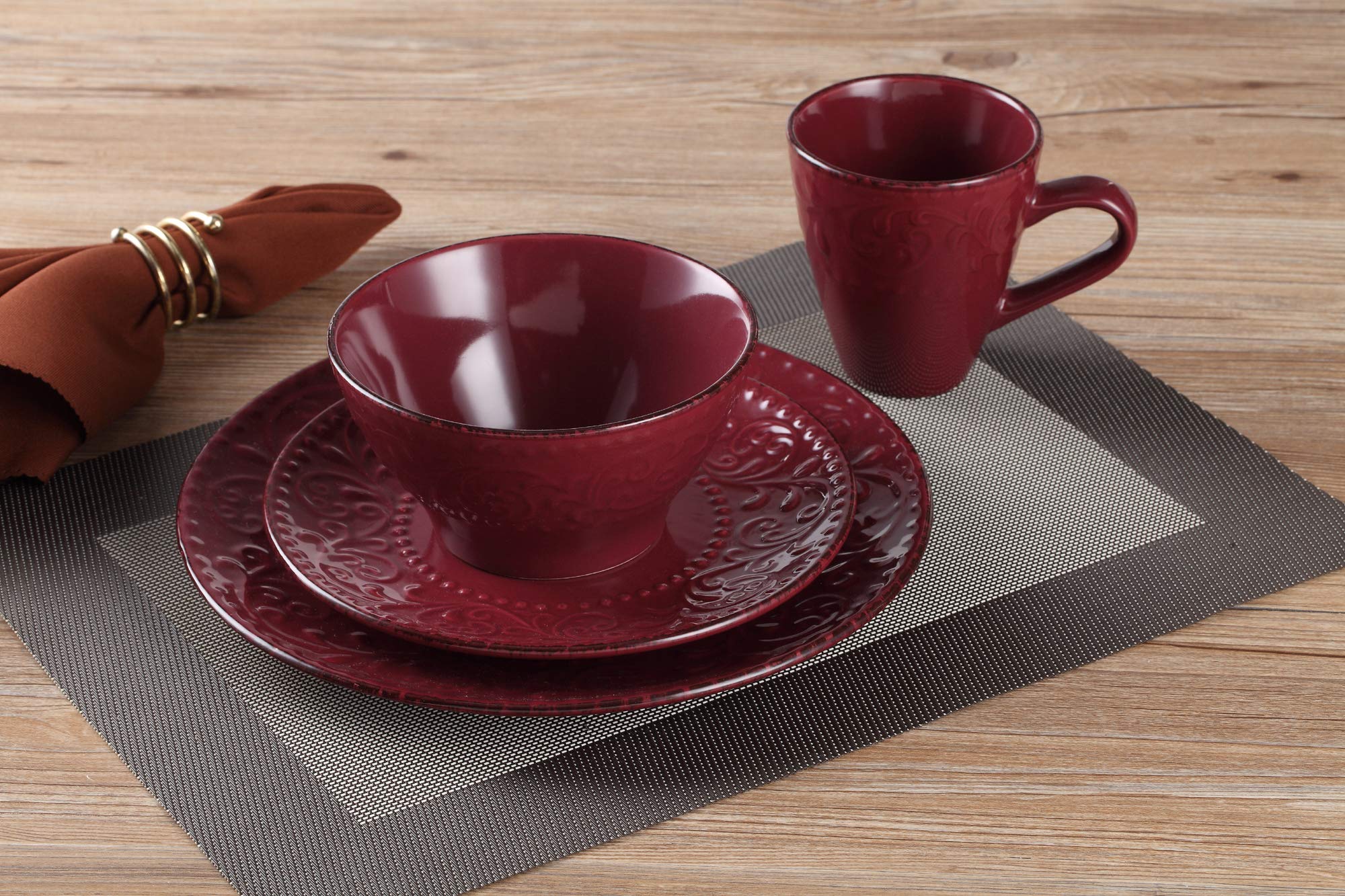 Elegant Modern Stoneware Scroll Dinnerware Set - 16 Piece Merlot Collection for Parties, Events & Holiday Gatherings - Perfect for Hosting, Entertaining & Special Occasions