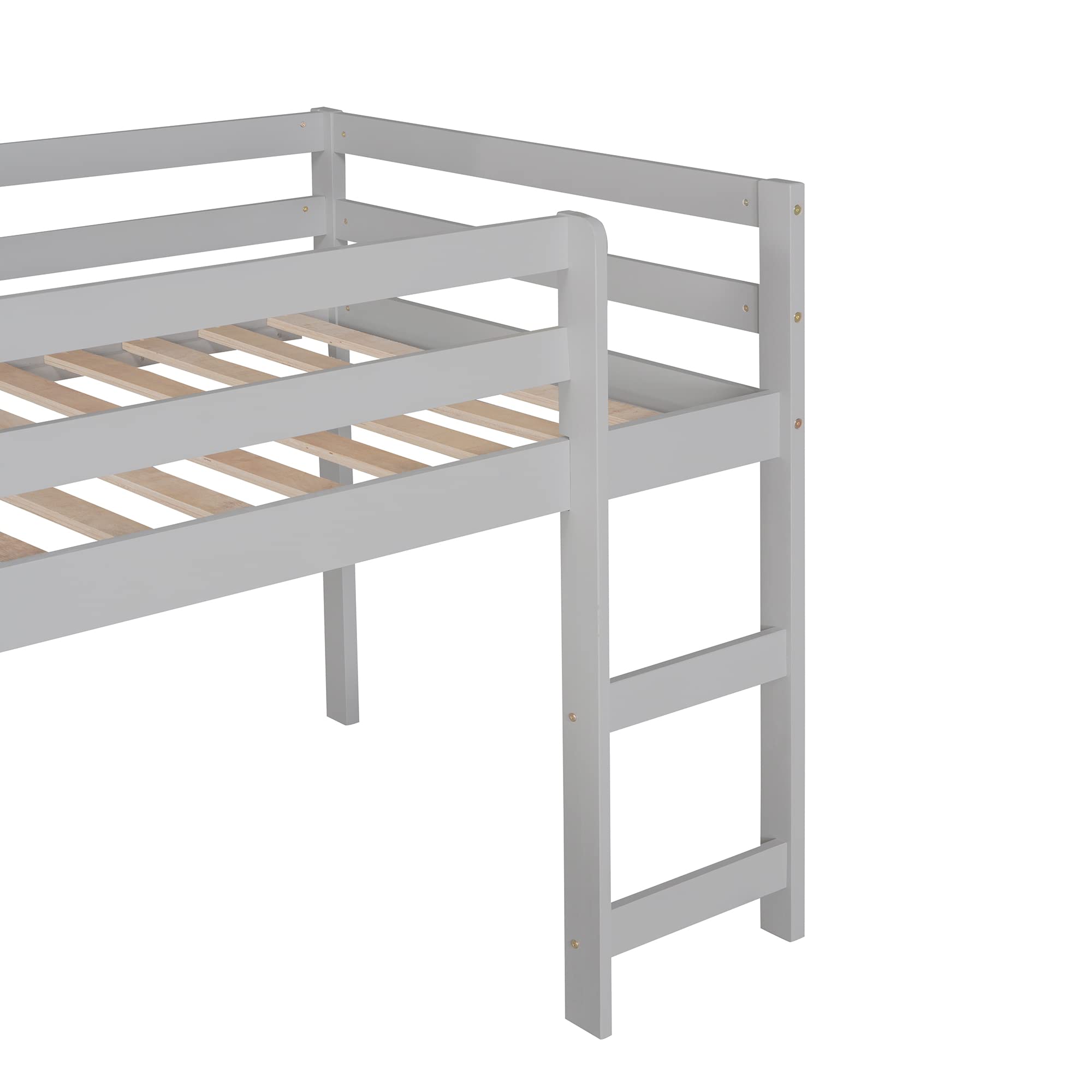 JULYFOX Twin Loft Bed with Slide for Kids - Solid Pine Wood Bunk Bed Frame with Ladder, Headboard & Guard Rails - No Box Spring Needed - Ideal for Small Spaces, Teens & Junior Kids (Gray) - Perfect for Bedrooms, Playrooms & Dorm Rooms