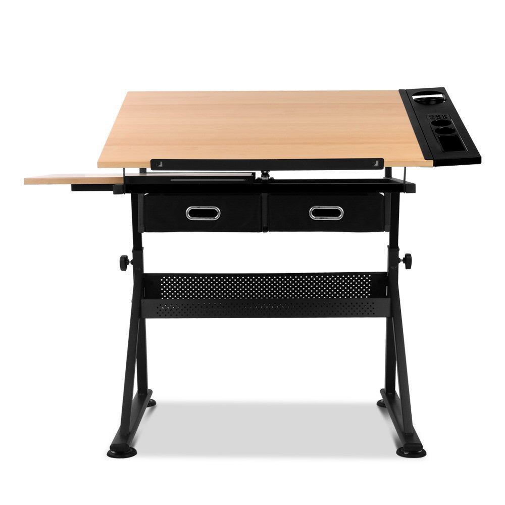 Adjustable Tilt Drafting Table Stool Set - Natural Wood & Black Metal - Perfect for Artists, Architects & Designers - Home Office & Studio Furniture
