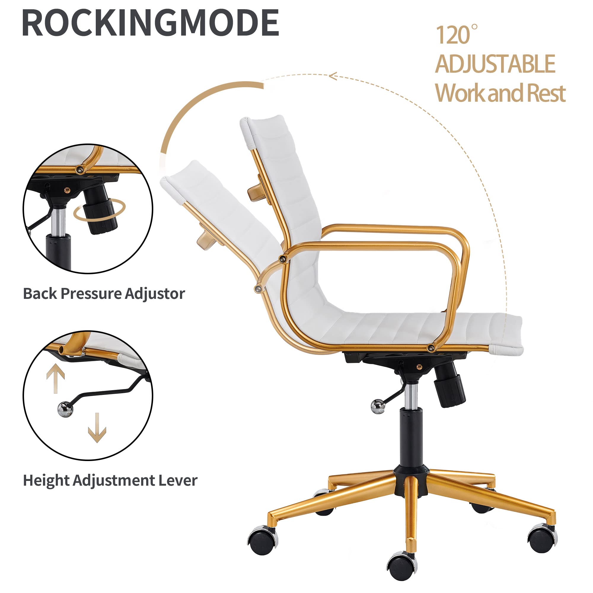 Premium Ergonomic Office Chair - Modern Leather Swivel Executive Desk Chair with Ribbed Design, Rolling Wheels for Home & Office - Perfect for Conference Rooms, Bedroom Workspaces & Task Chairs (White & Gold)