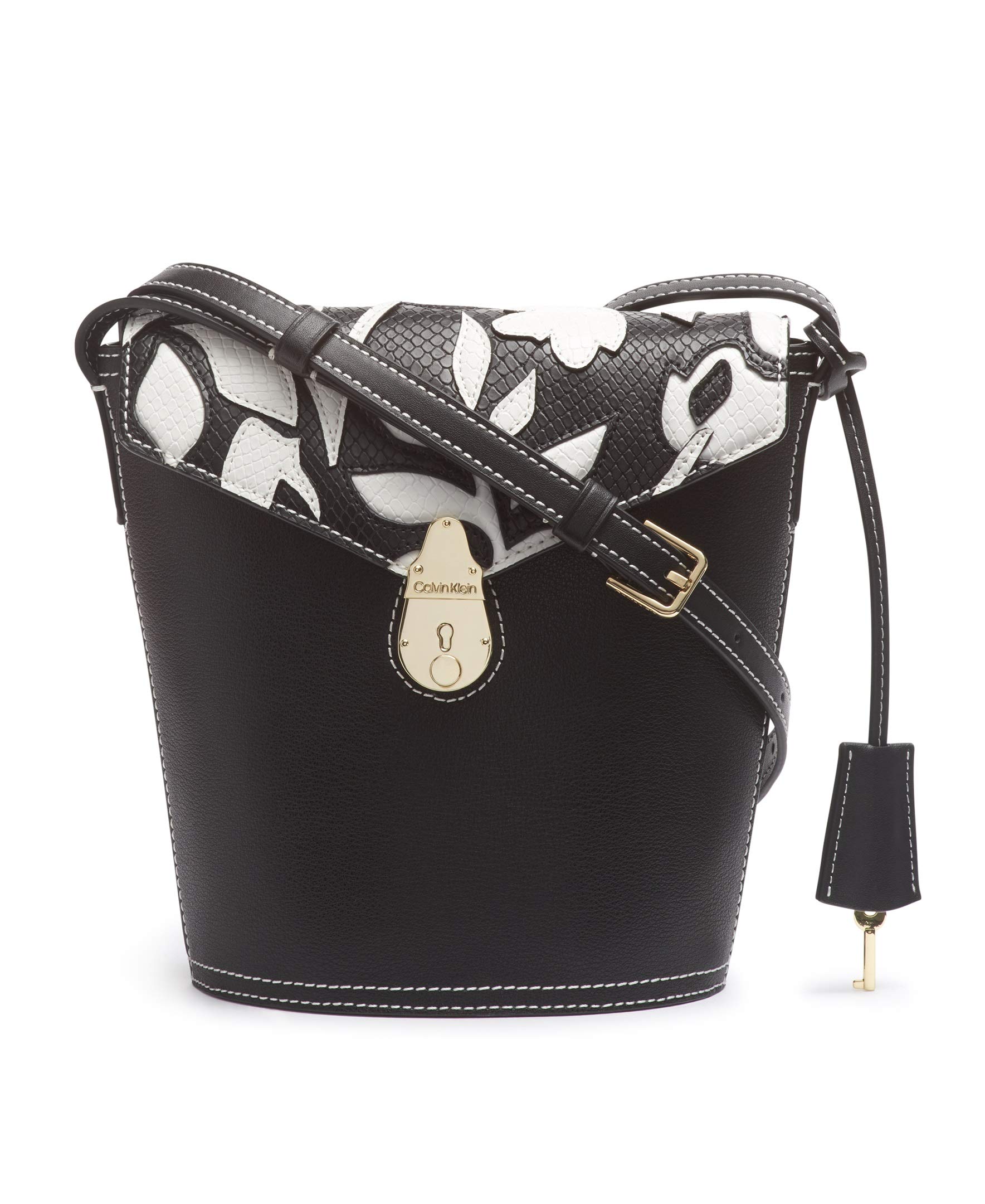 Calvin Klein Statement Series Lock Flap Daytona Leather Bucket Crossbody Bag for Women | Stylish Shoulder Purse for Work, Travel & Everyday Use