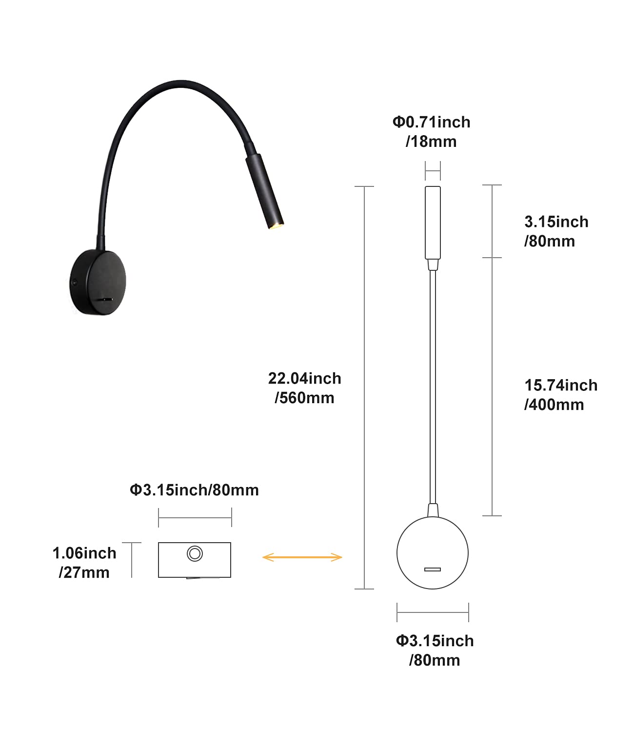 DAWALIGHT 2-Pack Wall Mounted Reading Lamp - Flexible 400mm Gooseneck LED Light (3W, 3000K Warm White) with Switch - Perfect for Bedroom, Living Room & Bookshelf Lighting - Black