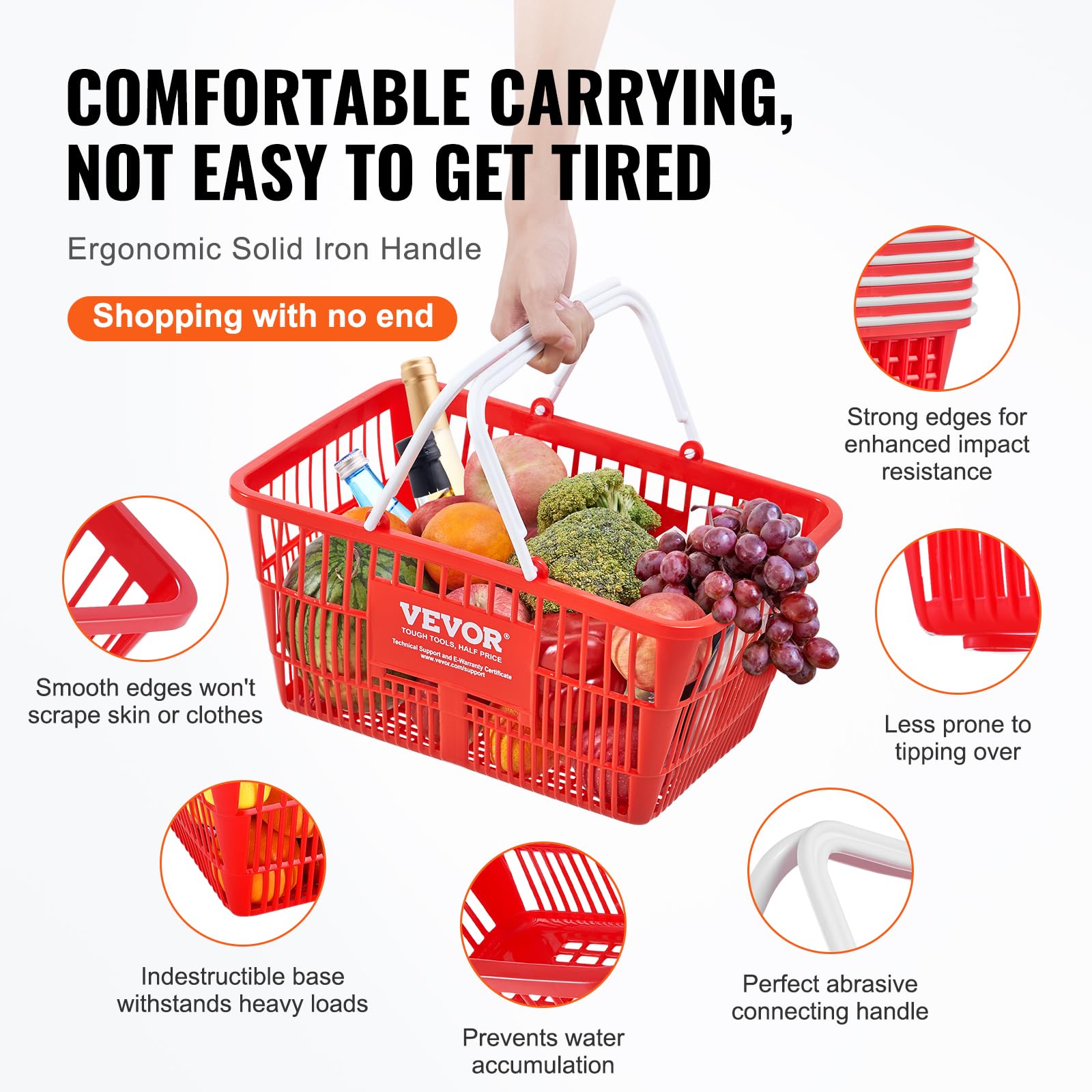 VEVOR 20-Pack Plastic Shopping Baskets with Handles - 21L Durable Grocery Baskets (16.5