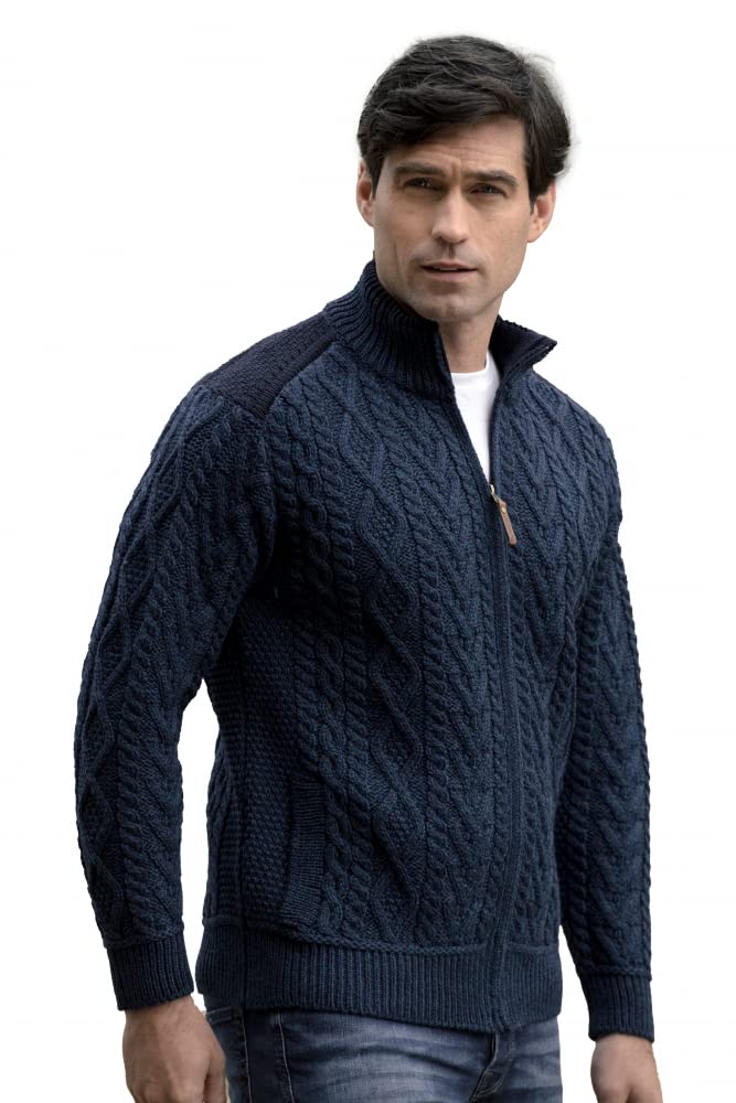 Aran Crafts Men's Cable Knit Zipper Cardigan - 100% Merino Wool Sweater for Winter, Warm & Soft Pullover for Casual Wear, Office & Outdoor Activities