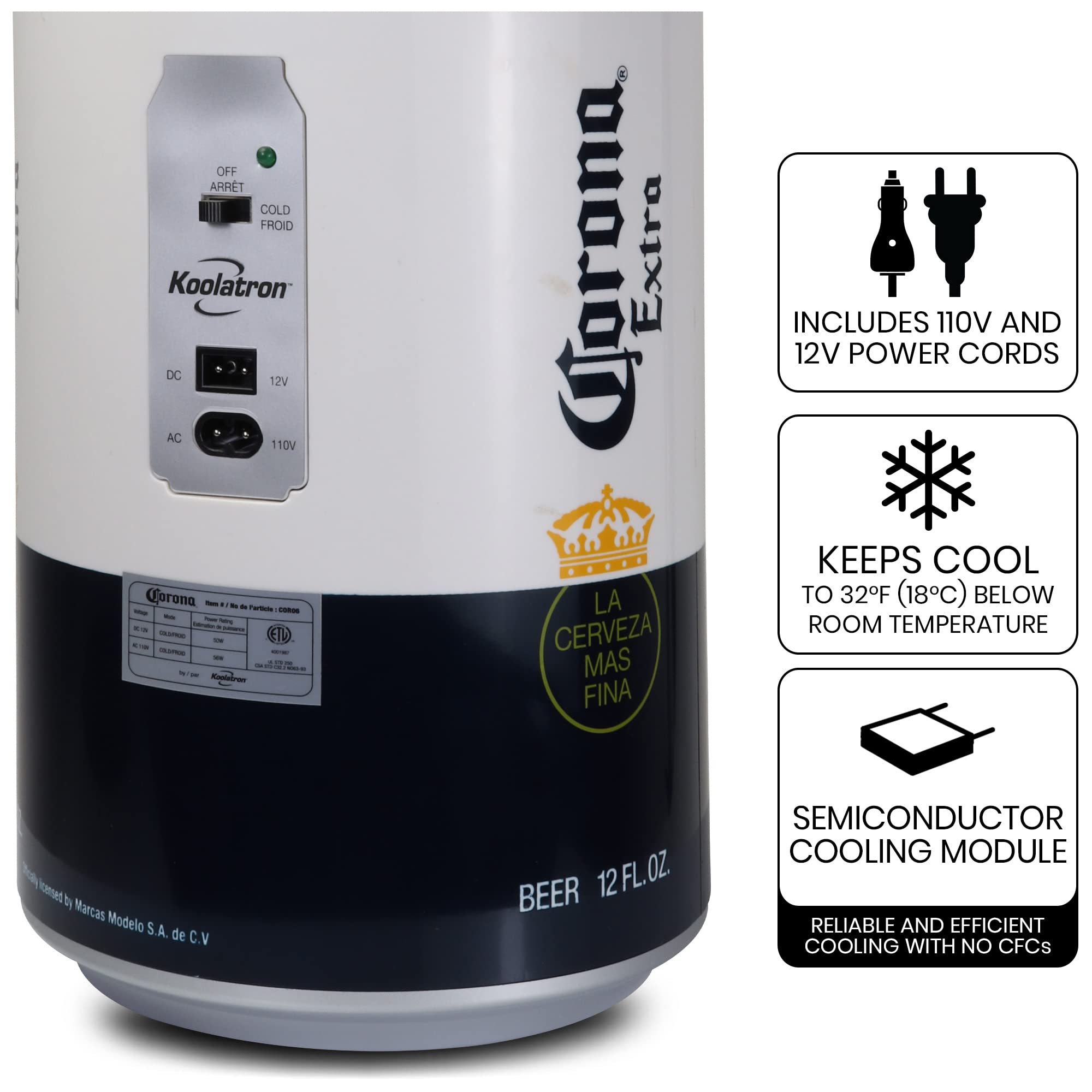 Koolatron Corona 12 Can Portable Mini Fridge - 10L (10.6 qt) Compact Cooler with Dual Power (12V DC & 110V AC) - White Beer Can Shaped Refrigerator for Drinks, Snacks & Lunch - Perfect for Travel, Home, Office, Dorm & RV Camping