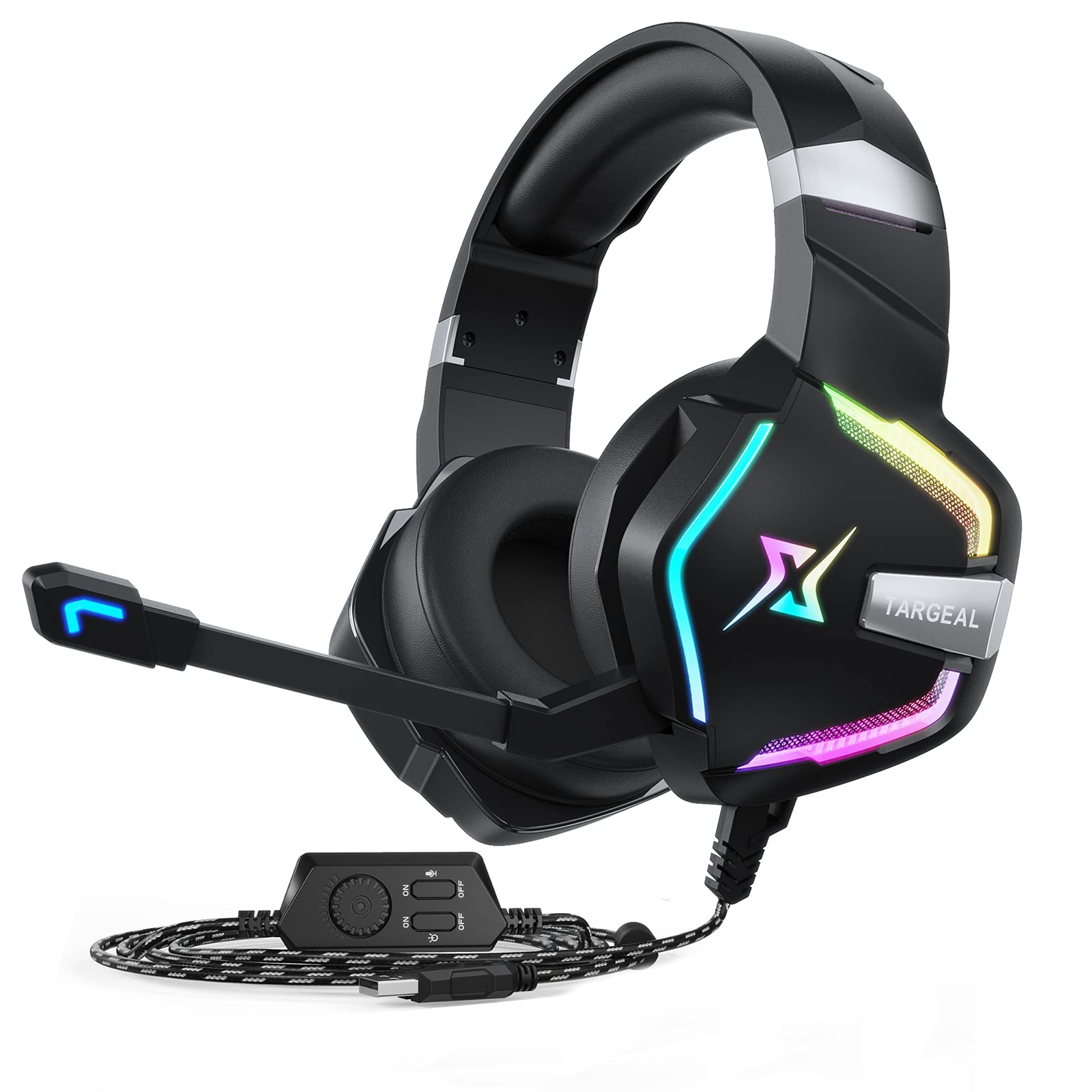 Targeal 7.1 Surround Sound Gaming Headset - Wired USB Over-Ear Headphones with Noise Canceling Mic for PC, PS5, PS4, Switch, Laptop, Mac, Tablet & Mobile | RGB LED Lighting & Type-C Cable Included | Perfect for Gaming, Streaming & Online Meetings