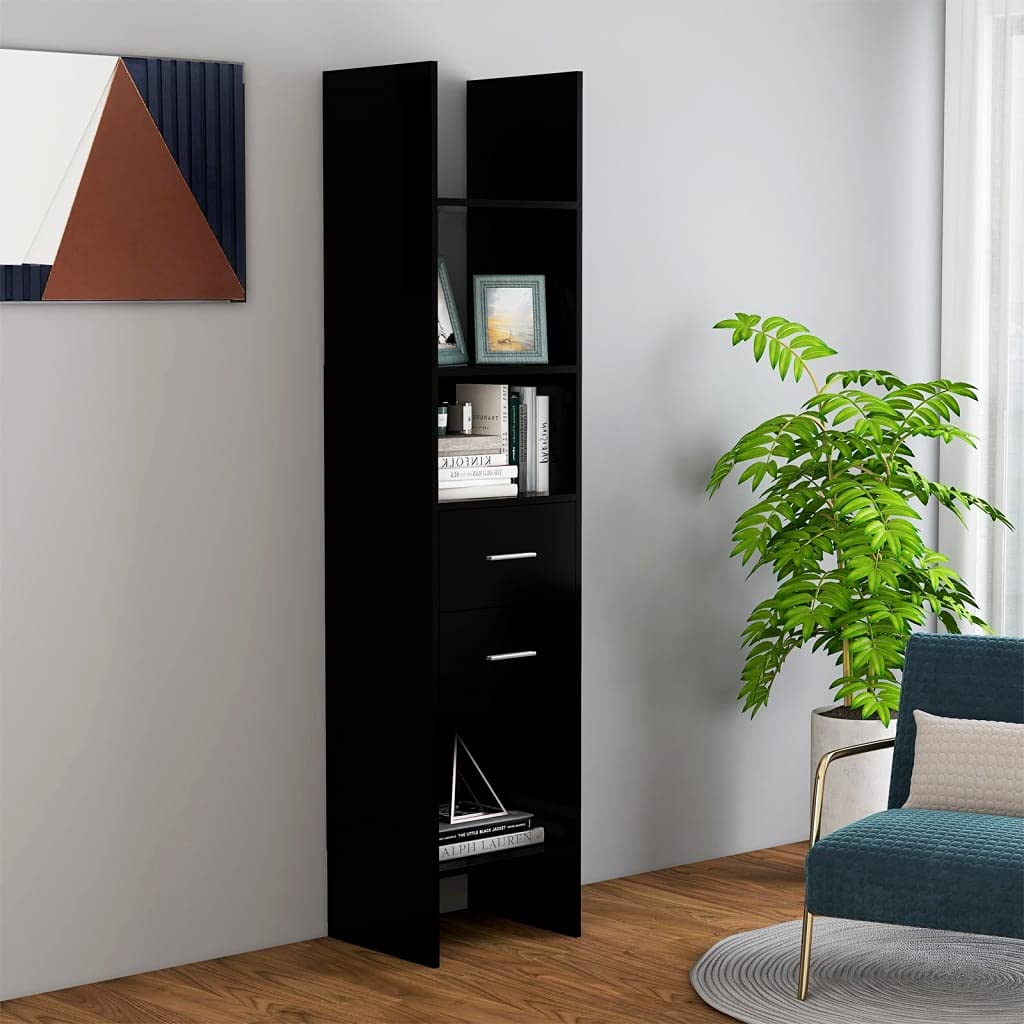 Modern Open Bookcase with 2 Drawers - Freestanding Storage Shelf for Office, Living Room & Bedroom - Multifunctional Book Cabinet (Black, 15.7