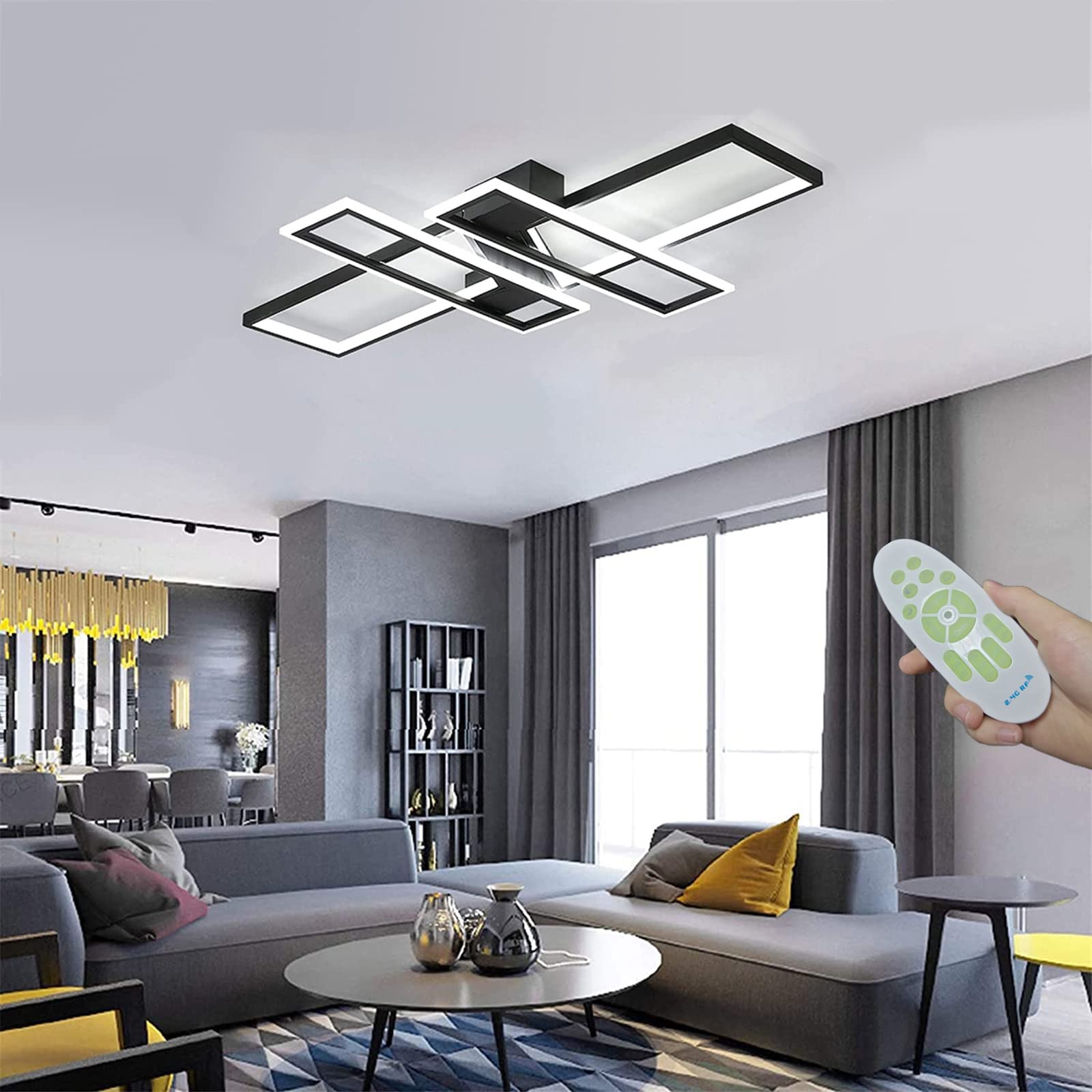 35.4 Inch Modern Black Dimmable LED Ceiling Light Fixture - 94W Rectangular Chandelier with Remote Control, Flush Mount Geometric Lighting for Dining Room, Living Room & Bedroom | Perfect for Contemporary Home Decor and Ambient Lighting