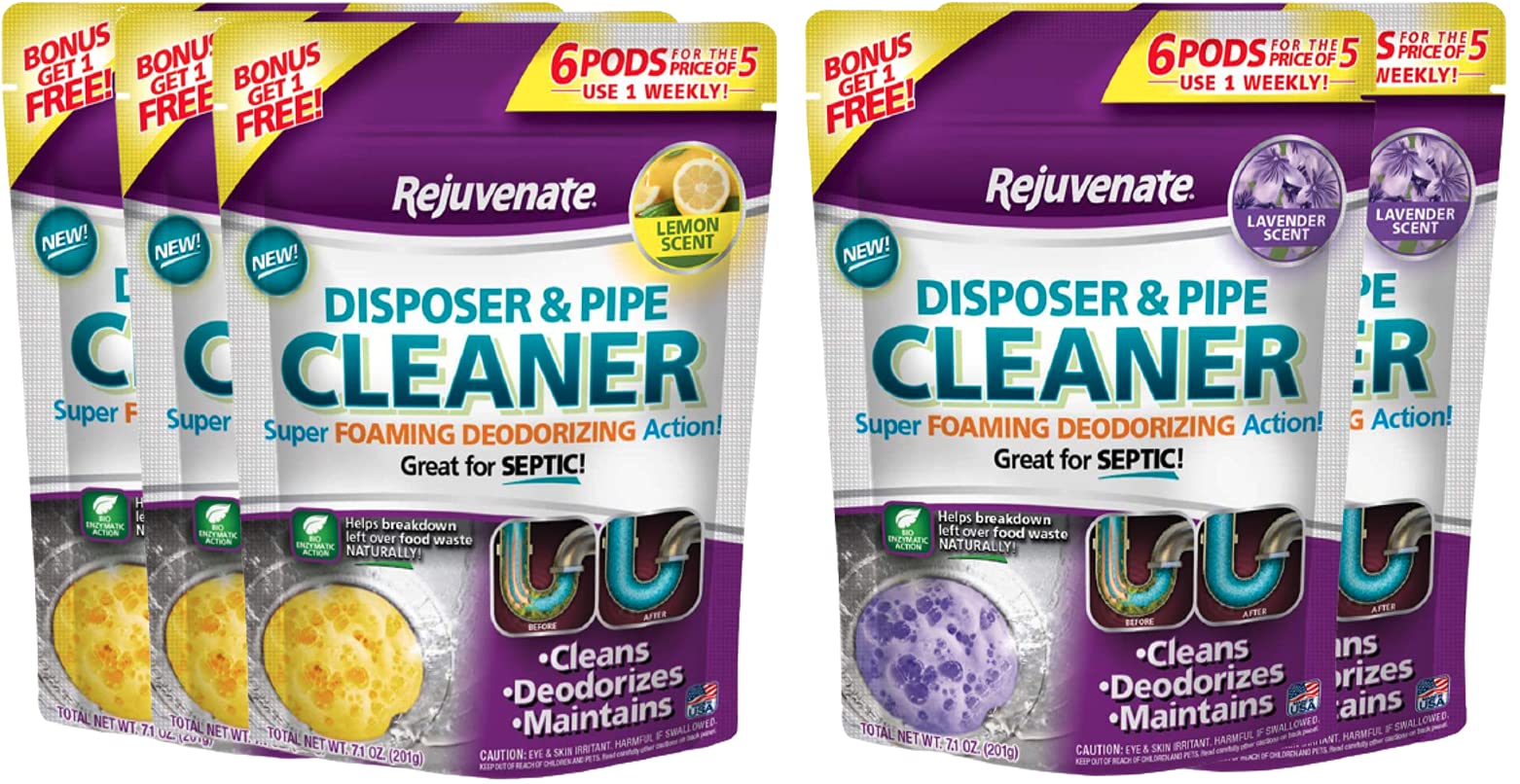 Rejuvenate Garbage Disposal Cleaner Pods - 6 Pack (3 Lemon + 2 Lavender) | Powerful Foaming Action, Eliminates Odors & Cleans Drain Pipes | Ideal for Kitchen Sinks, Dishwashers & Septic Systems