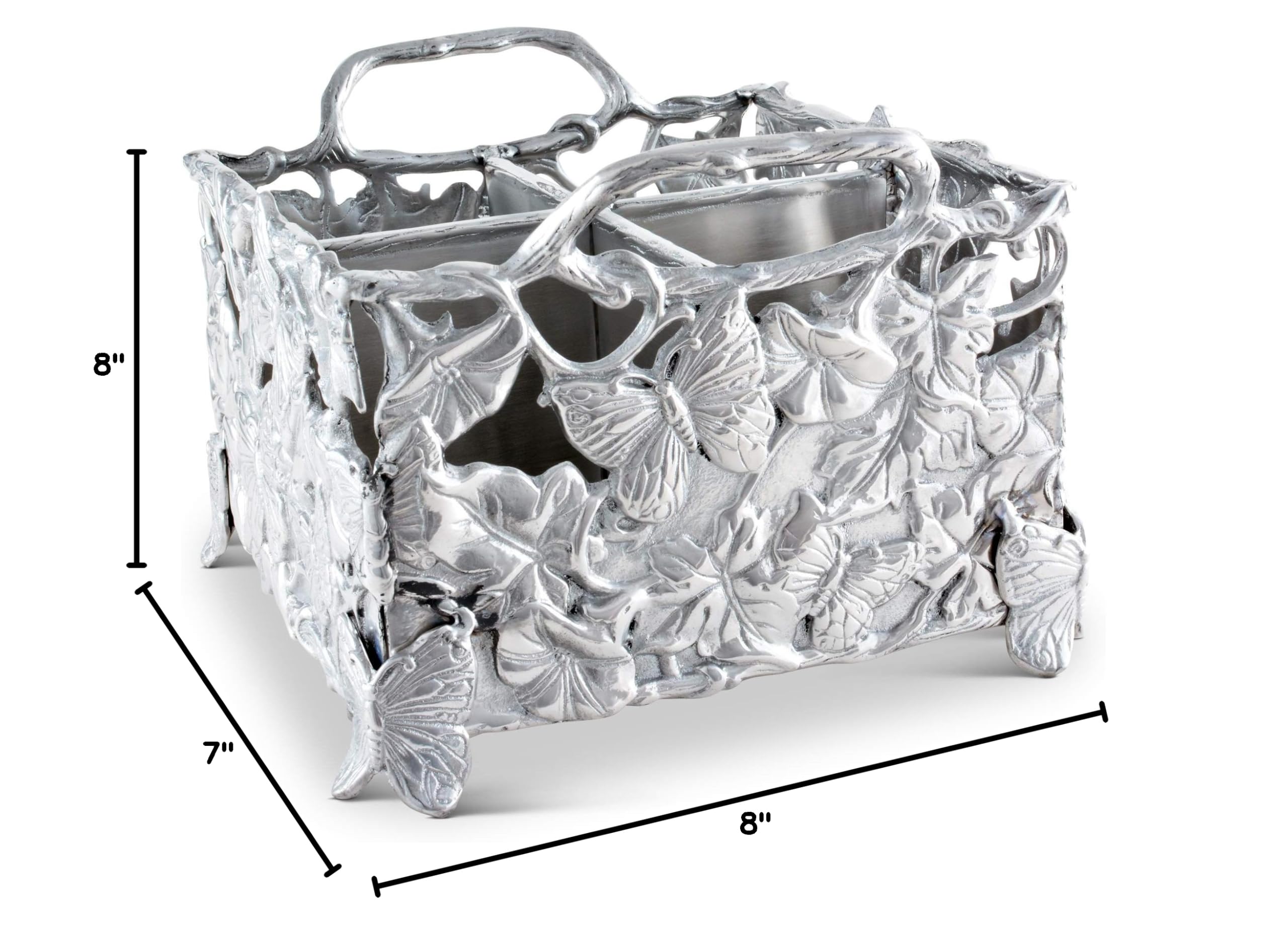 Arthur Court Designs Aluminum Metal Butterfly Silverware Holder - 8 Inch Square, 7 Inch Tall - Perfect for Dining Table, Kitchen Counter, and Party Serving Utensil Organizer