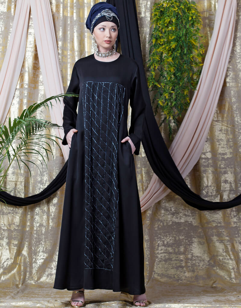 Elegant Black Arabic Diamond Motif Hand Embroidered Flare Nida Abaya - Perfect for Eid, Ramadan, Wedding & Special Occasions