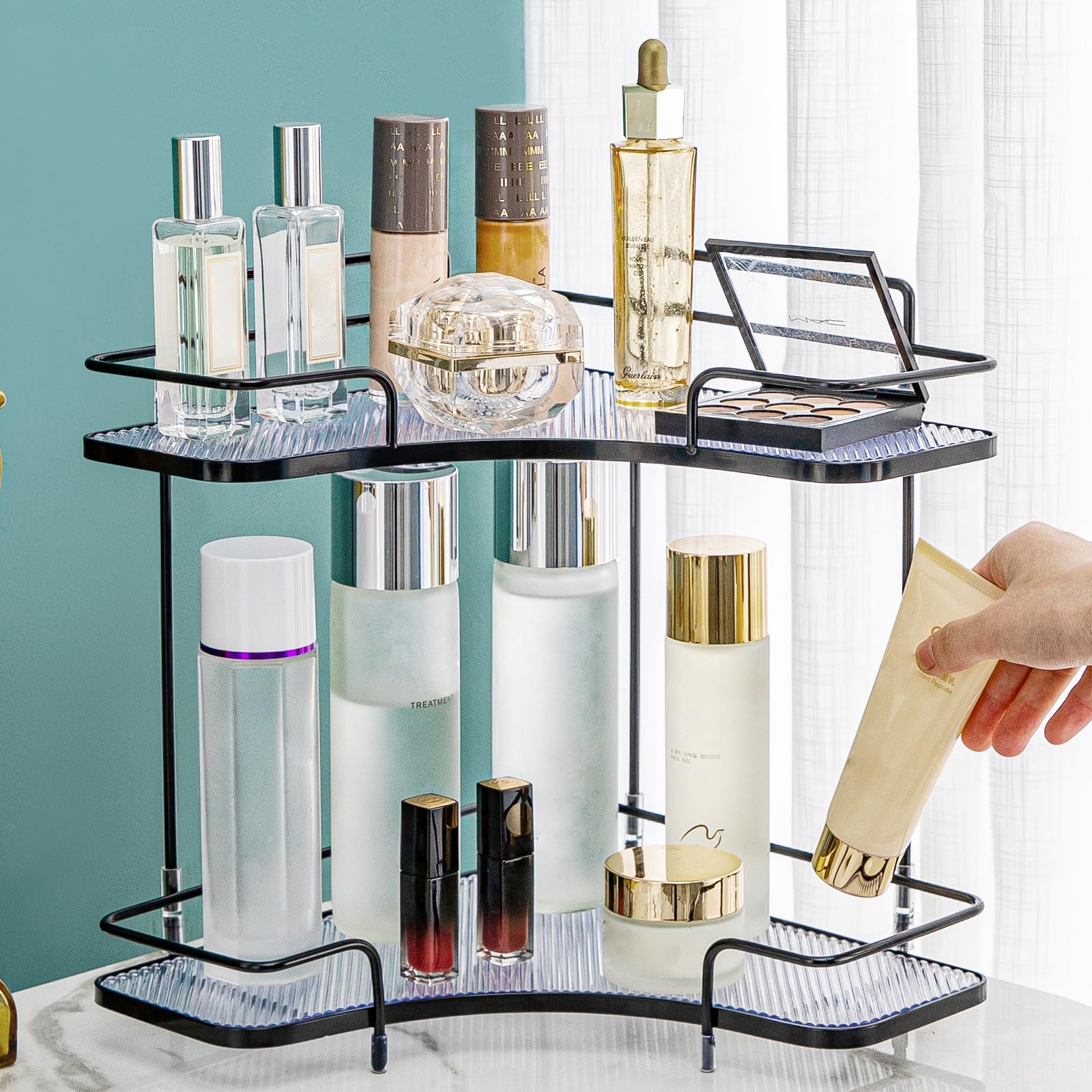 2 Tier Corner Bathroom Counter Organizer - Cosmetic & Skincare Storage Shelf - Vanity Perfume Tray - Kitchen Spice Corner Shelf | Perfect for Small Bathroom, Makeup Vanity & Kitchen Counter Organization